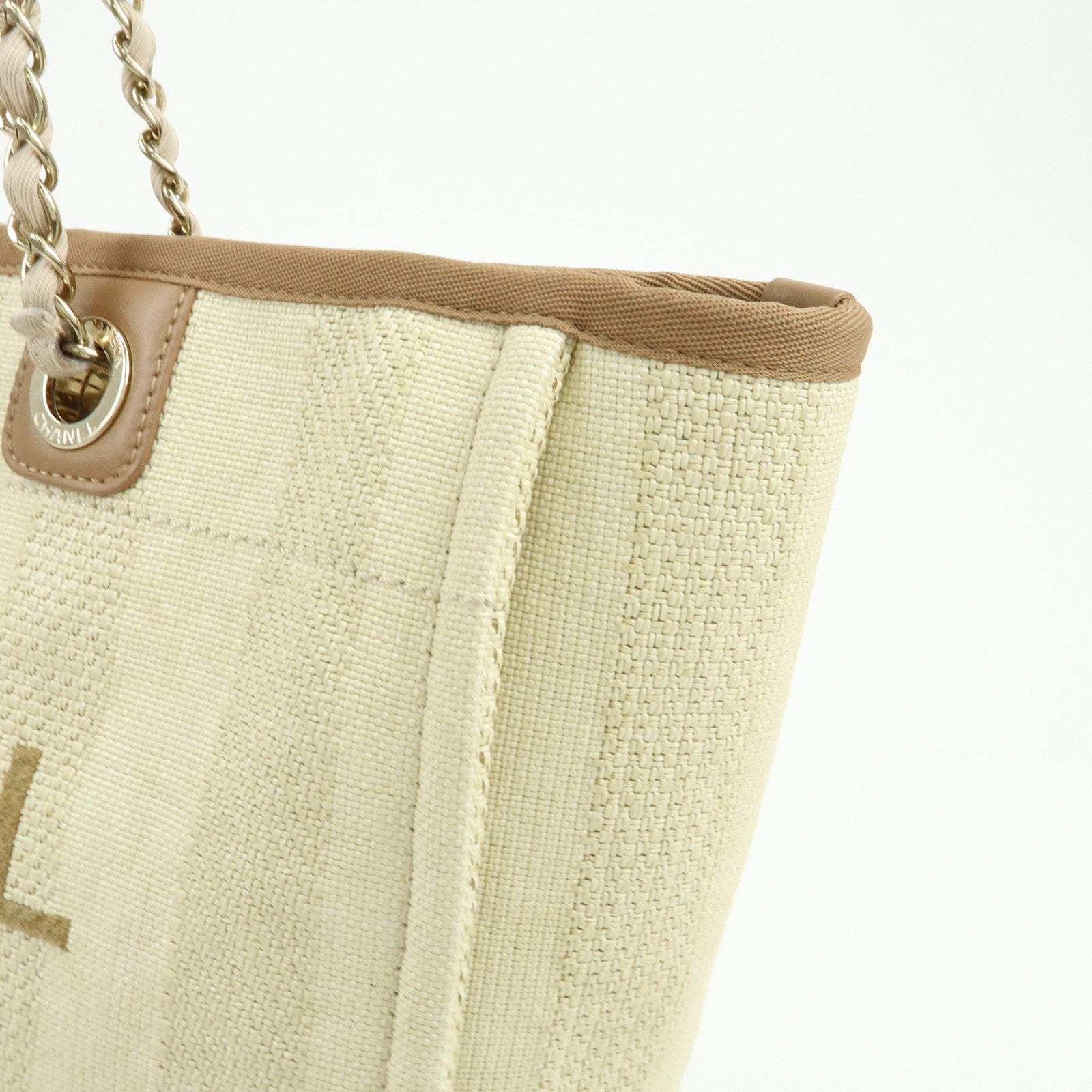 CHANEL Deauville MM Straw Leather Tote Shoulder Bag Beige A67001