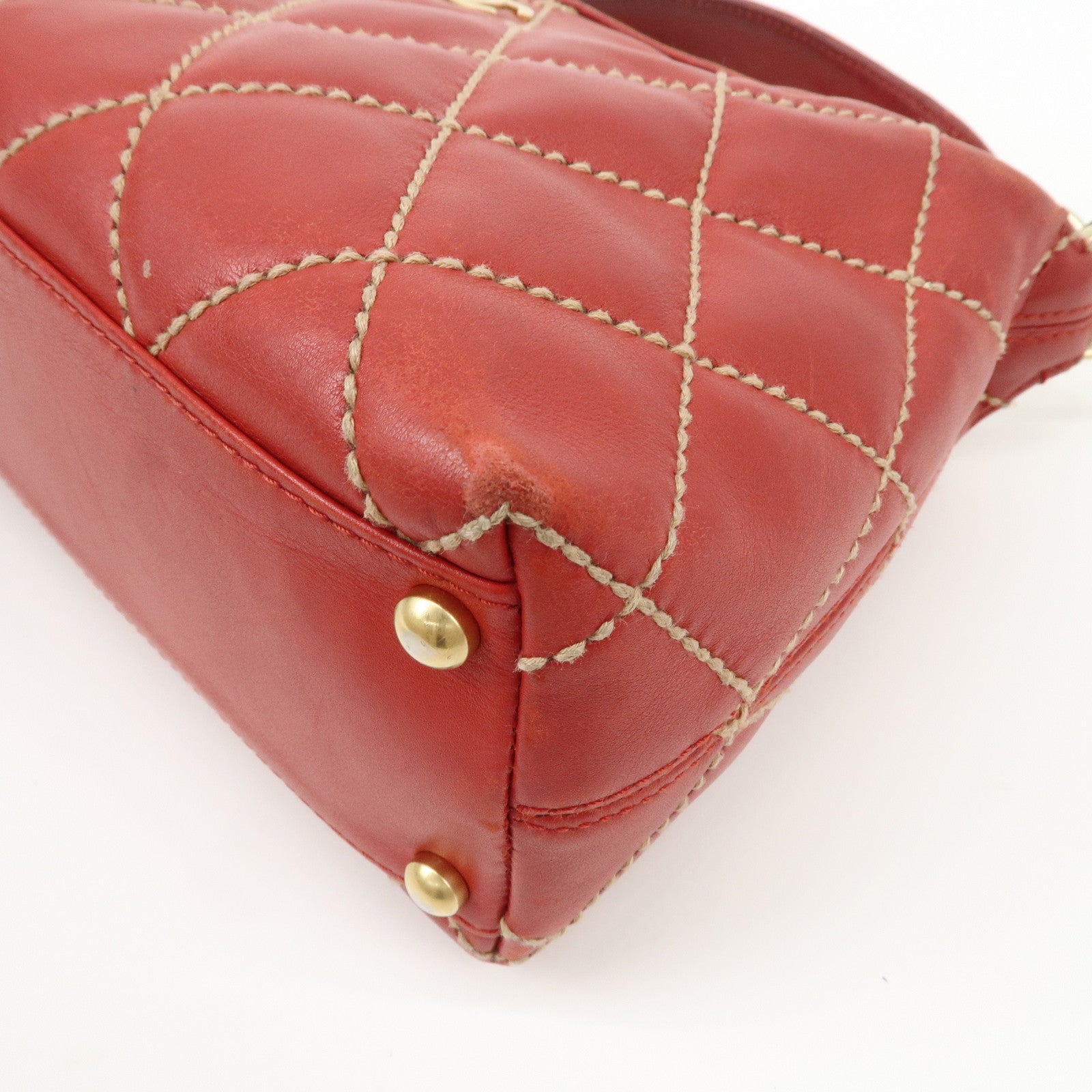 CHANEL COCO Mark Wild Stitch Lamb Skin Leather Hand Bag Red