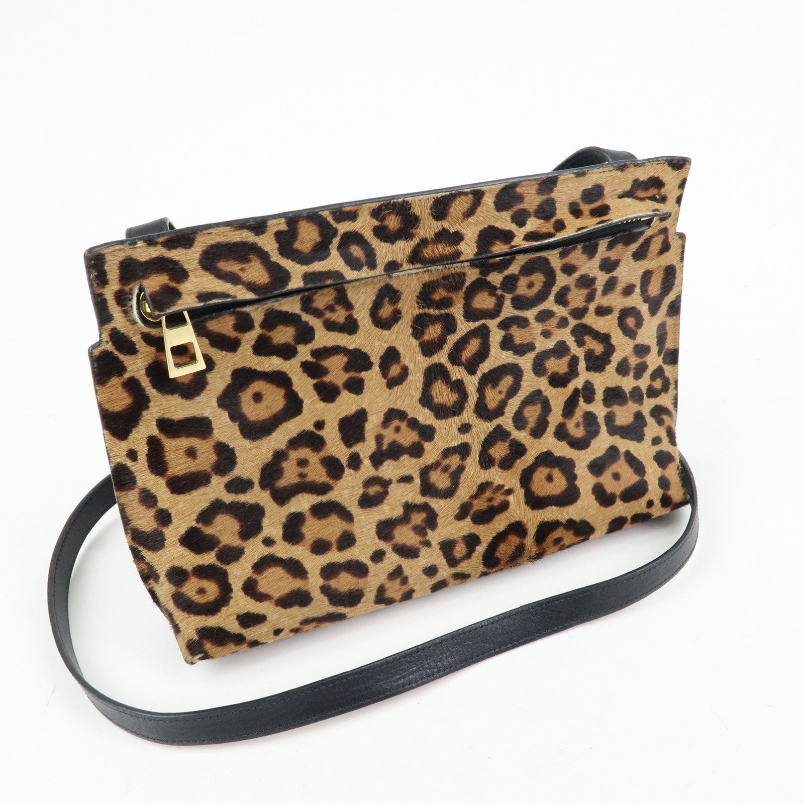LOEWE Unborn Calf Leather Shoulder Bag Leopard Brown Black