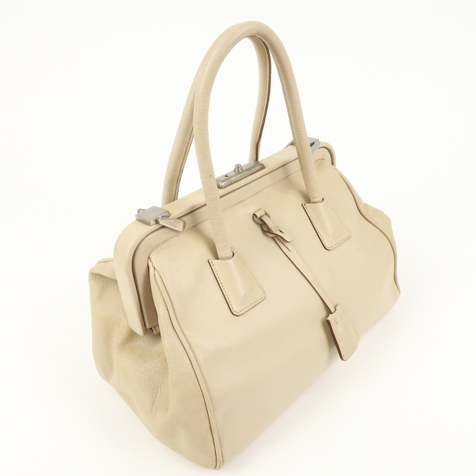 PRADA Leather Doctors Bag Hand Bag Beige Silver