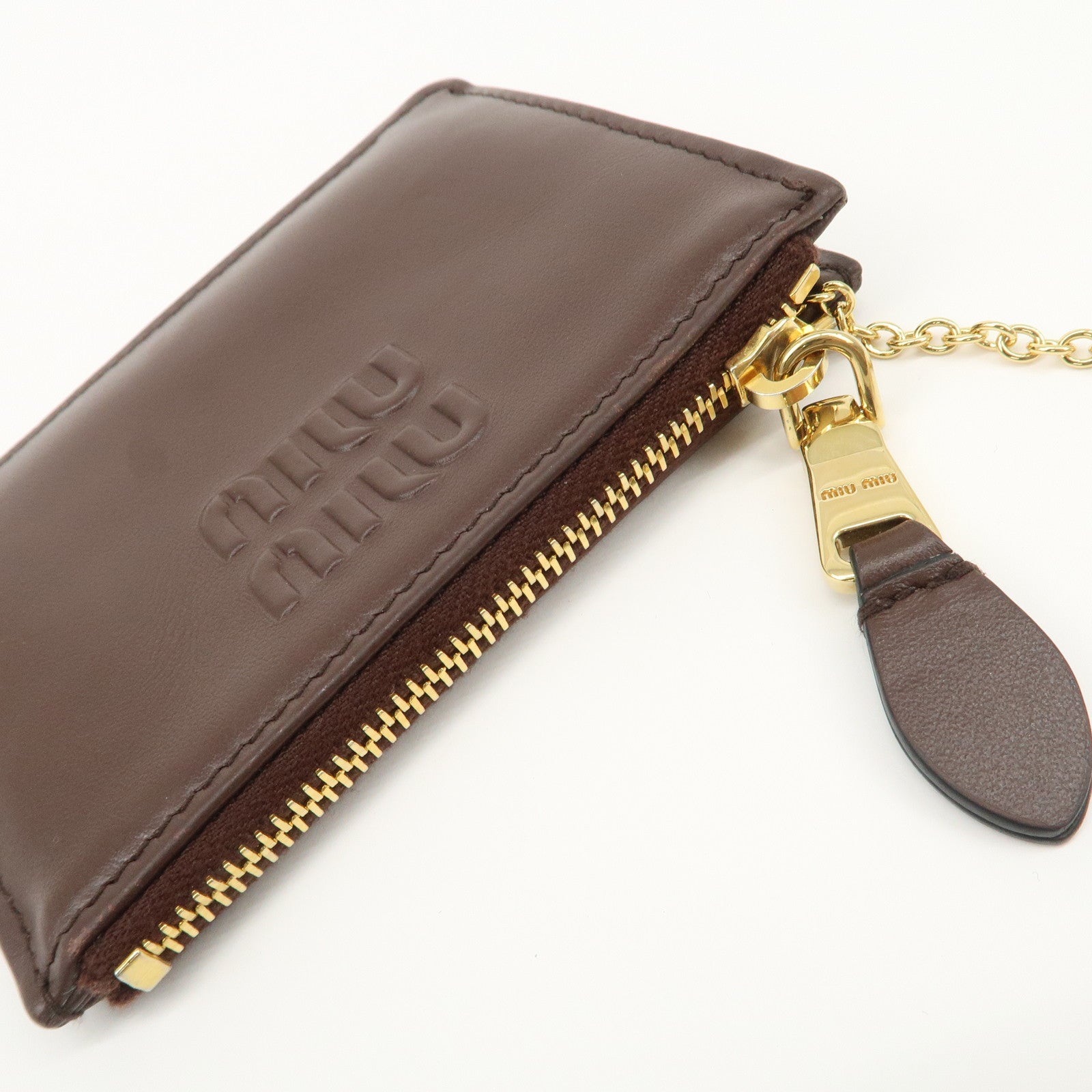 MIU MIU LOGO Leather Coin Case Card Case Brown Used