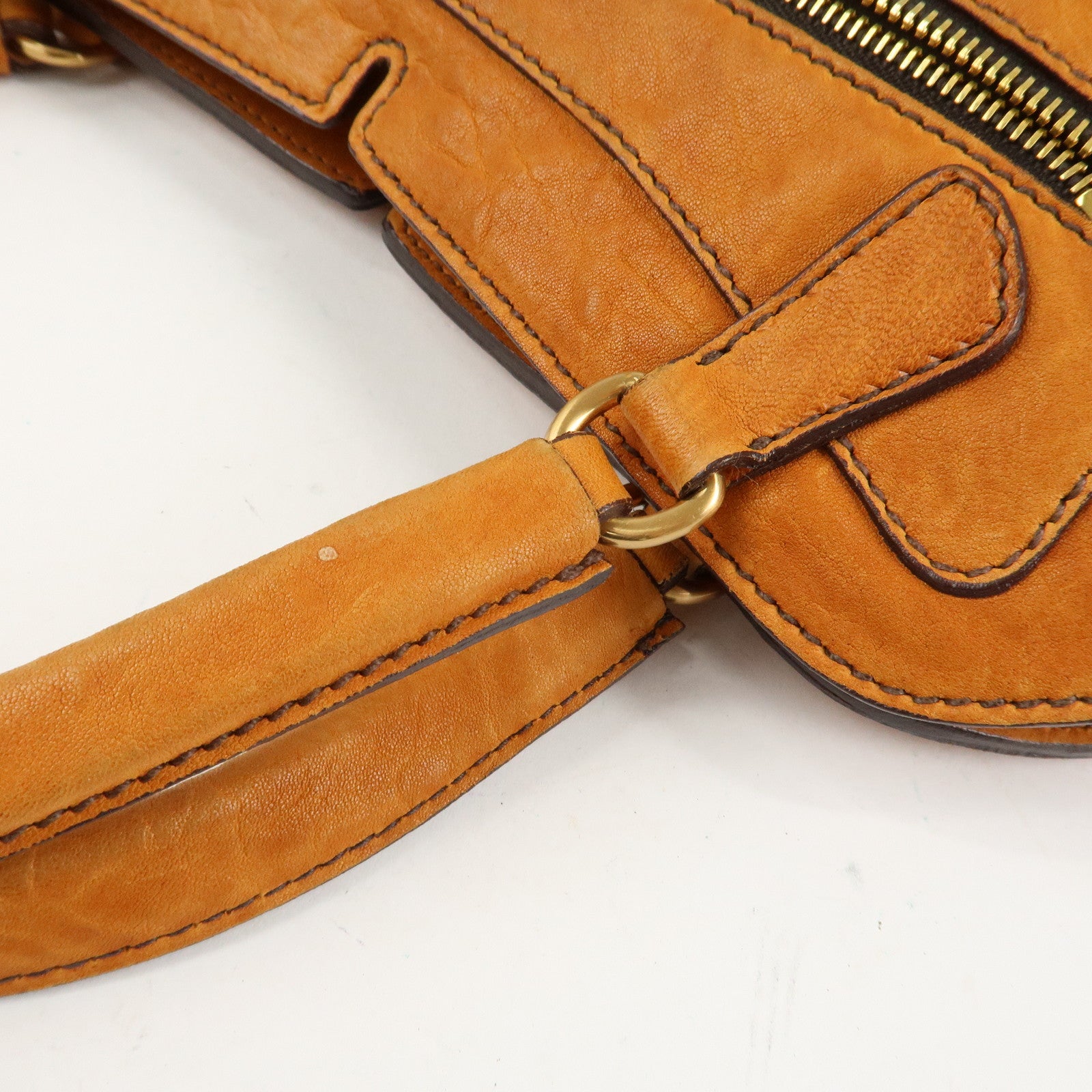 MIUMIU Logo Leather Shoulder Bag Boston Bag Hand Bag Gold HDW Brown Used