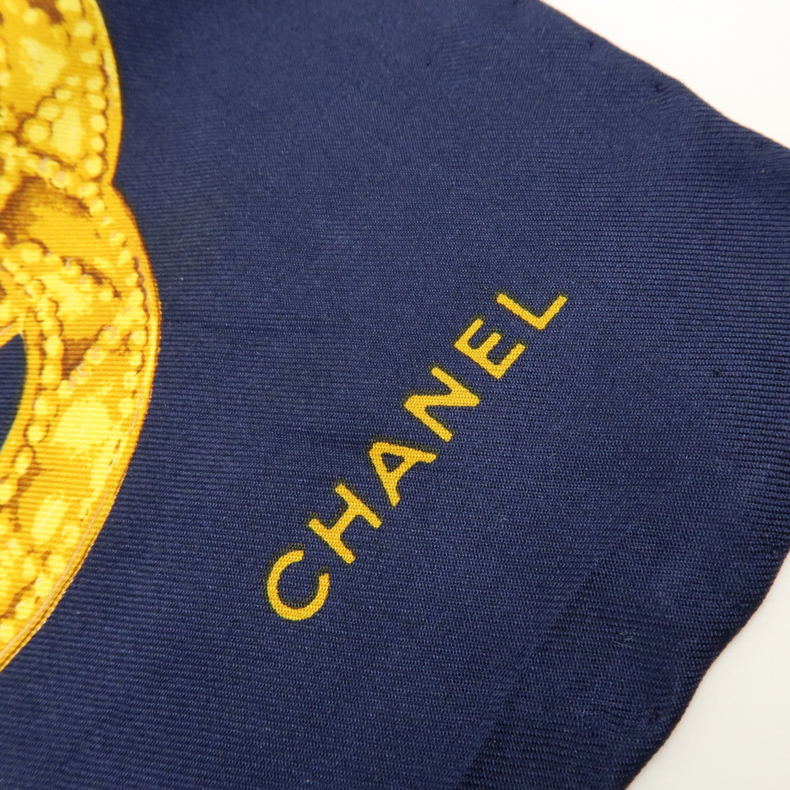 CHANEL Silk 100% Scarf COCO Mark Chain Motif Navy Gold