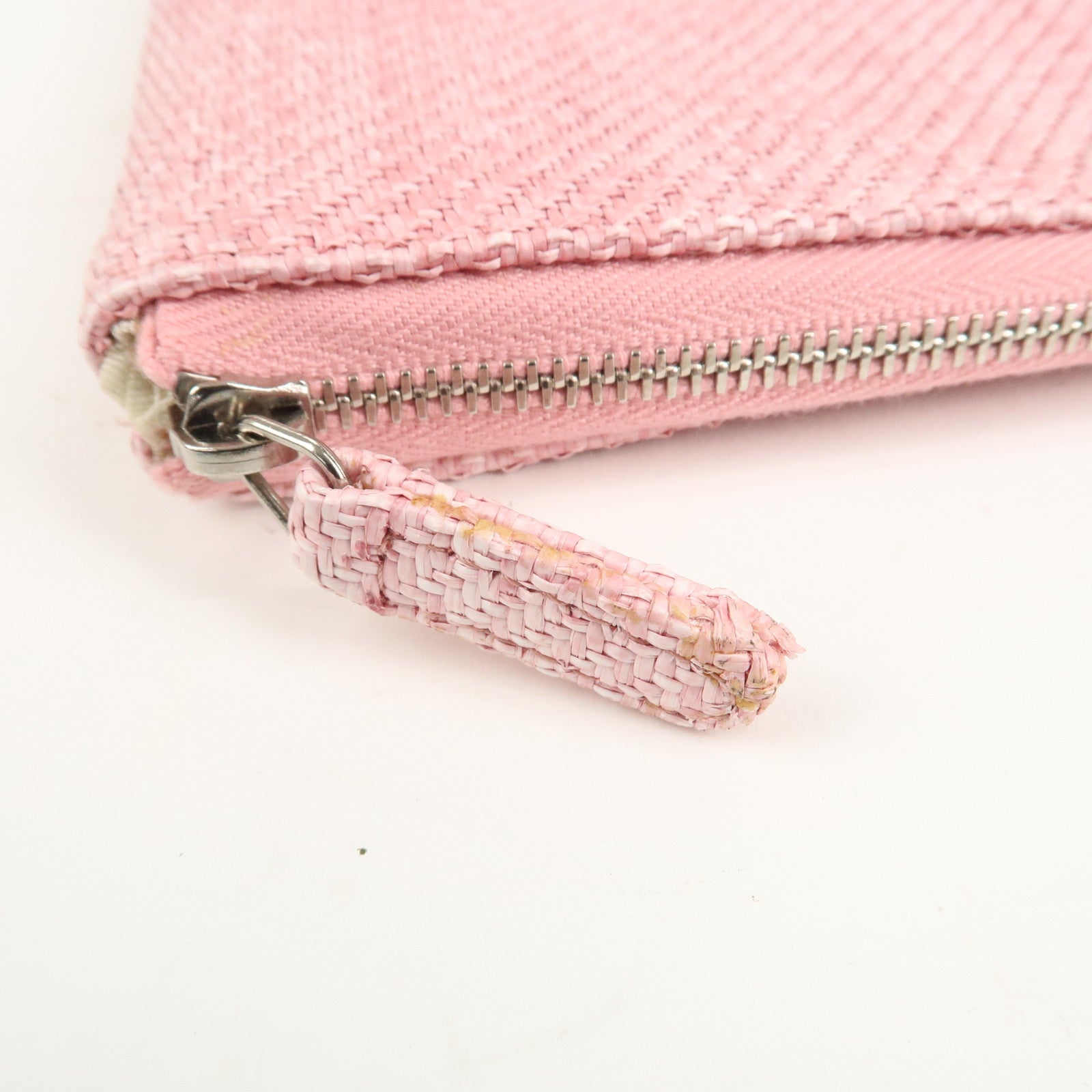 CHANEL Deauville Straw Clutch Bag Pouch Pink Red