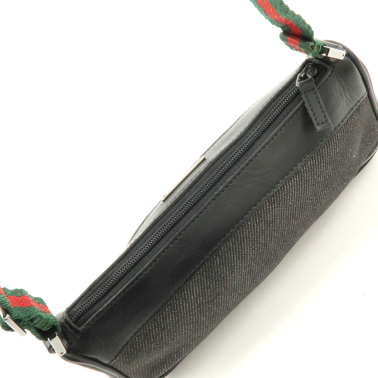 GUCCI Sherry Denim Leather Accessory Pouch Hand Bag Black 92820