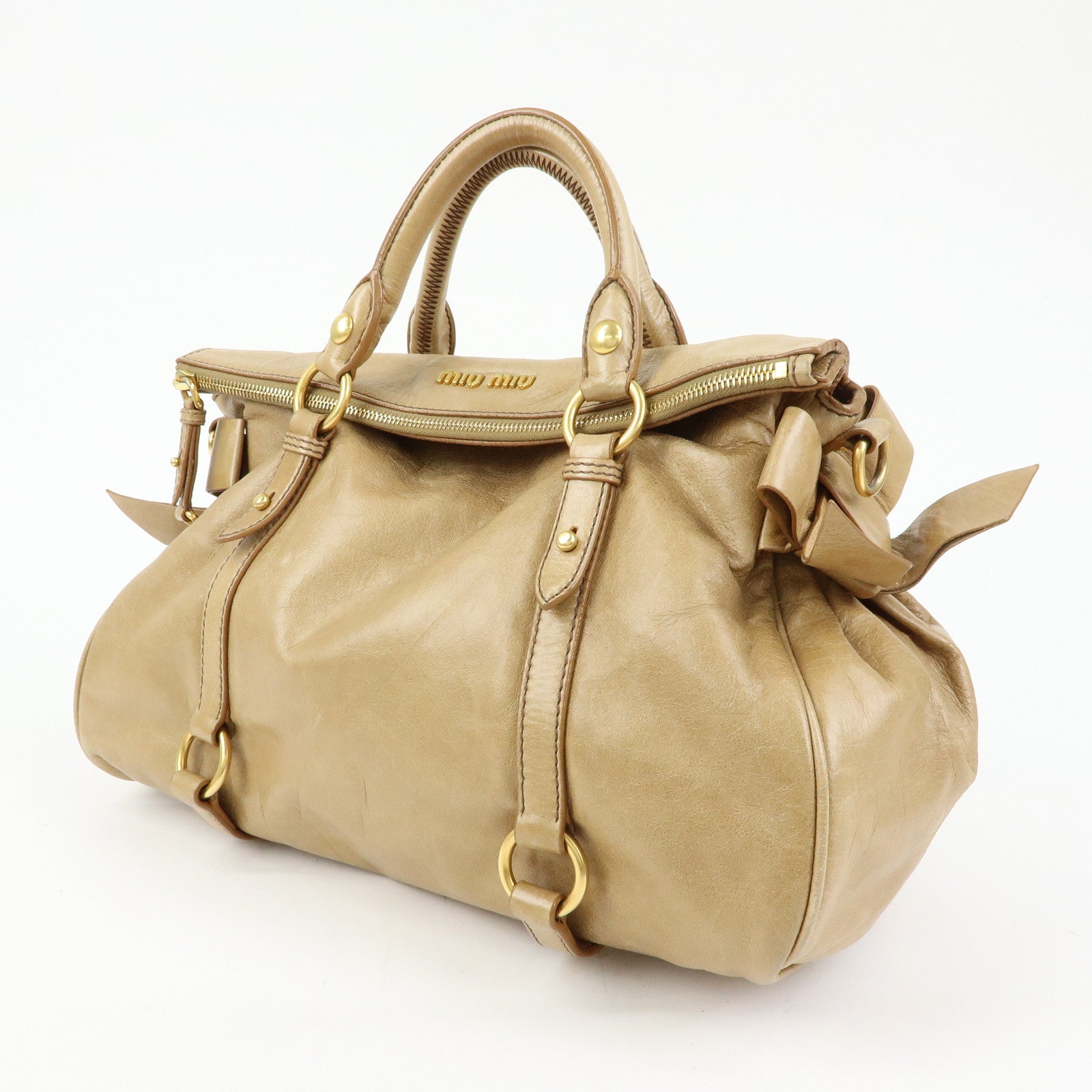 MIU MIU Leather 2Way Bag Hand Bag Shoulder Bag Beige RT0438