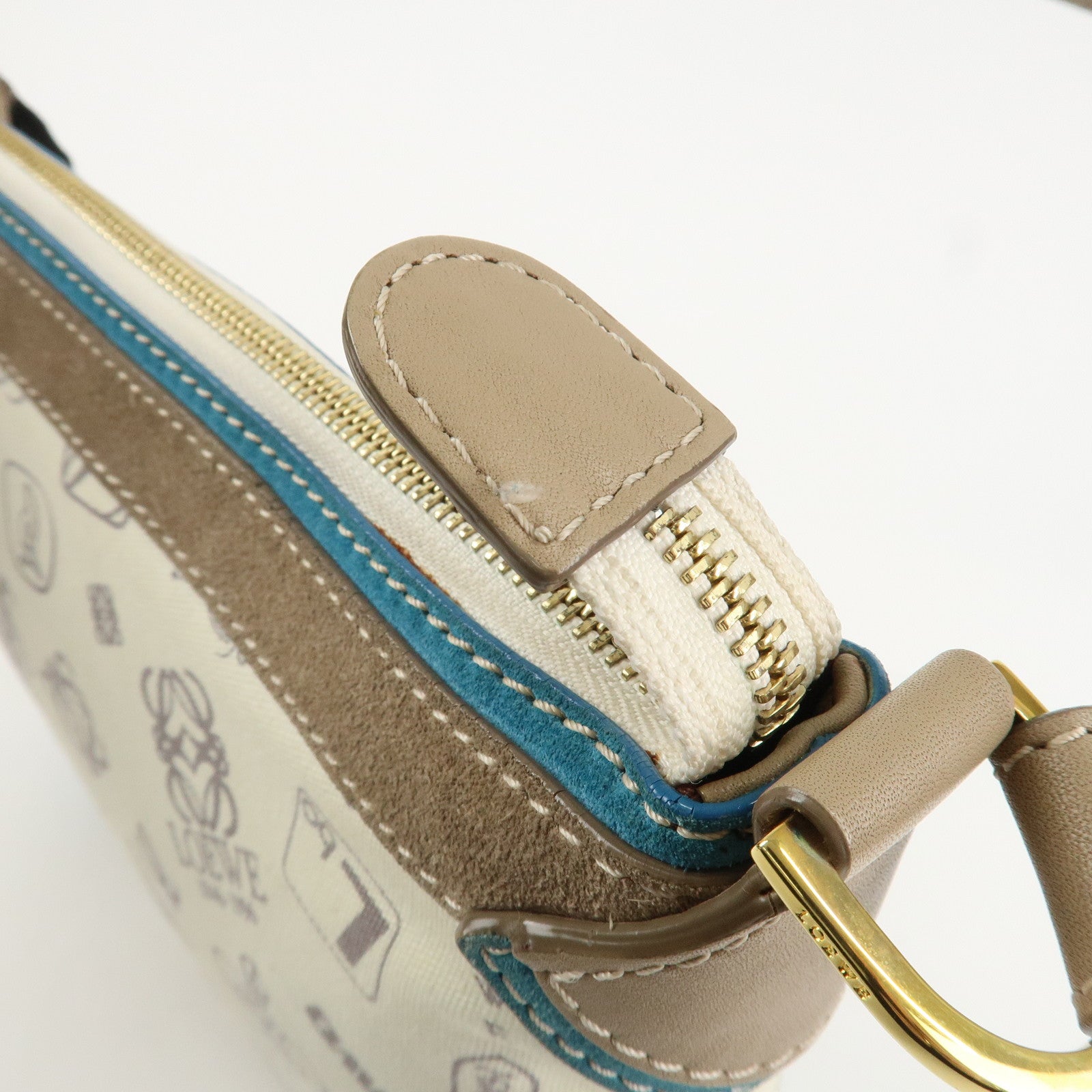 LOEWE Anagram Canvas Suede Leather Shoulder Bag Beige Blue Used