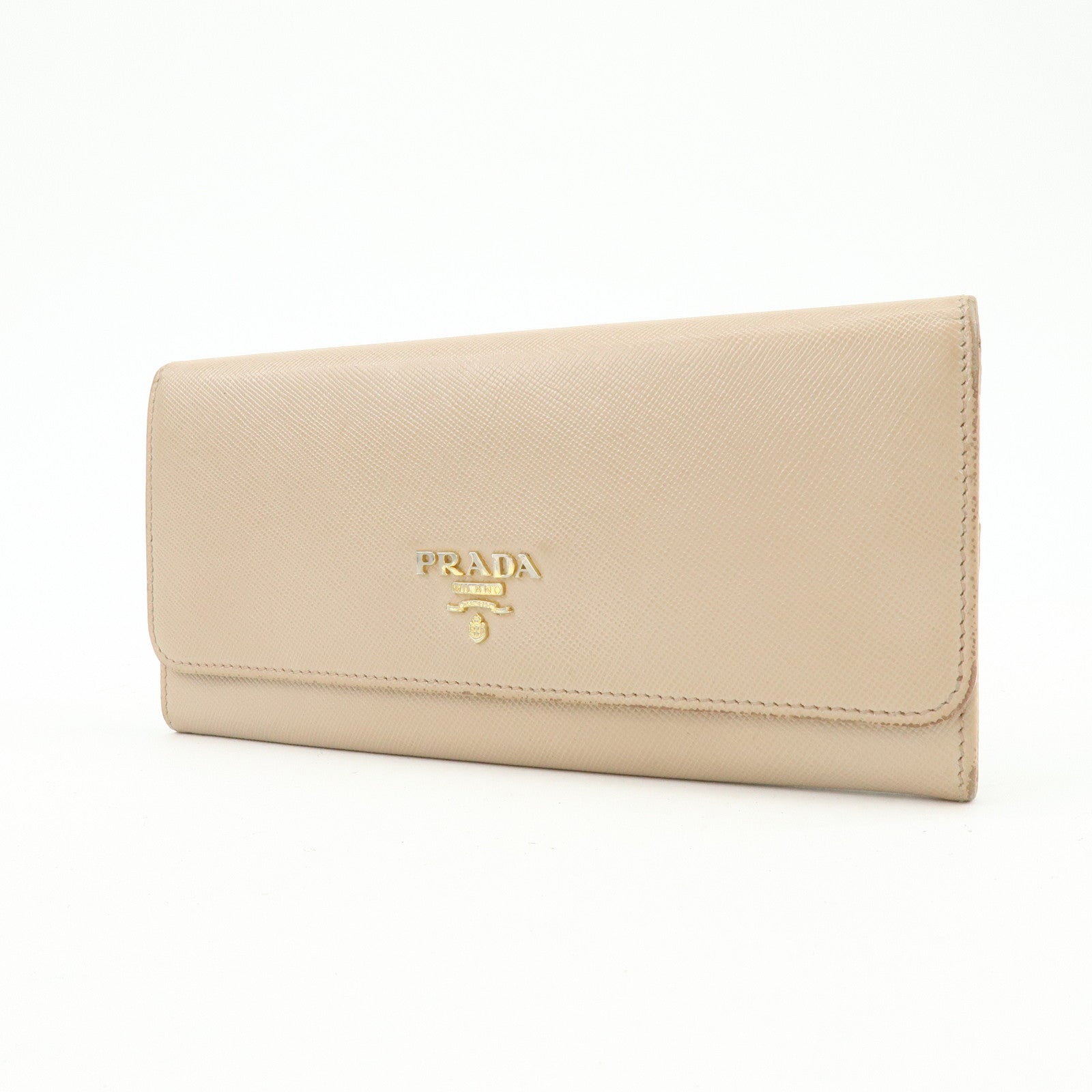 PRADA Logo Saffiano Leather Flap Bi-Fold Long Wallet Beige