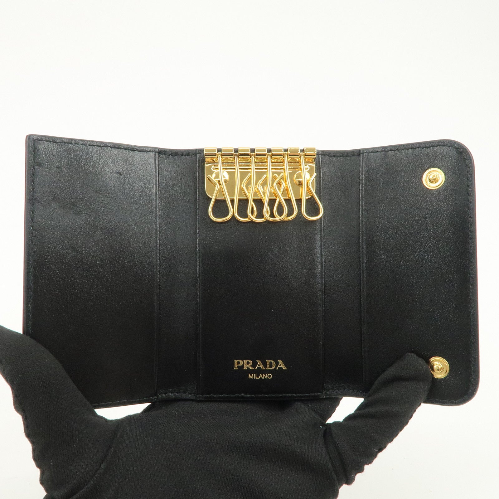 PRADA Triangle Logo Leather 6 Key Case Key Holder Black 1PG222