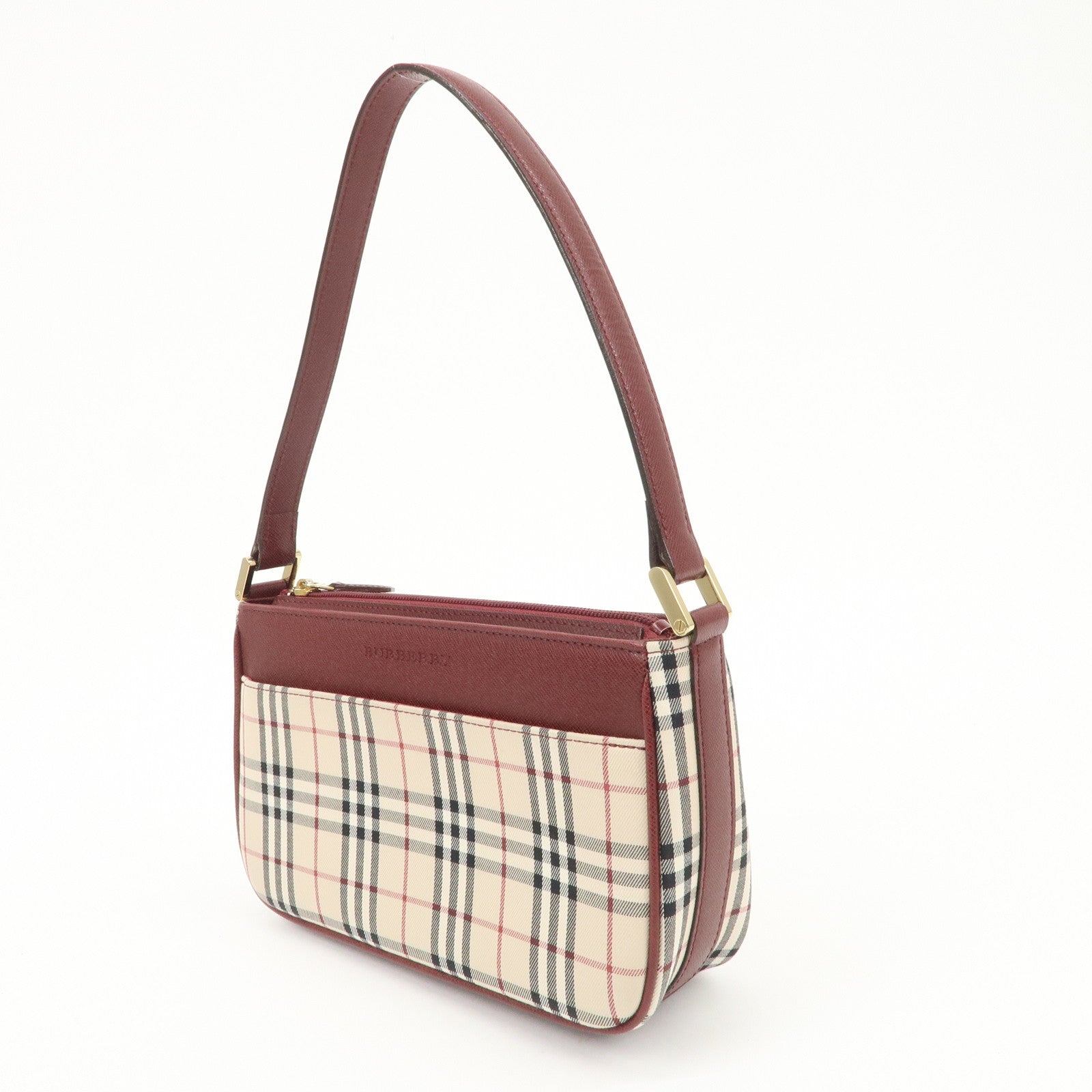 BURBERRY Leather Canvas Shoulder Bag Hand Bag Nova Plaid Bordeaux Used