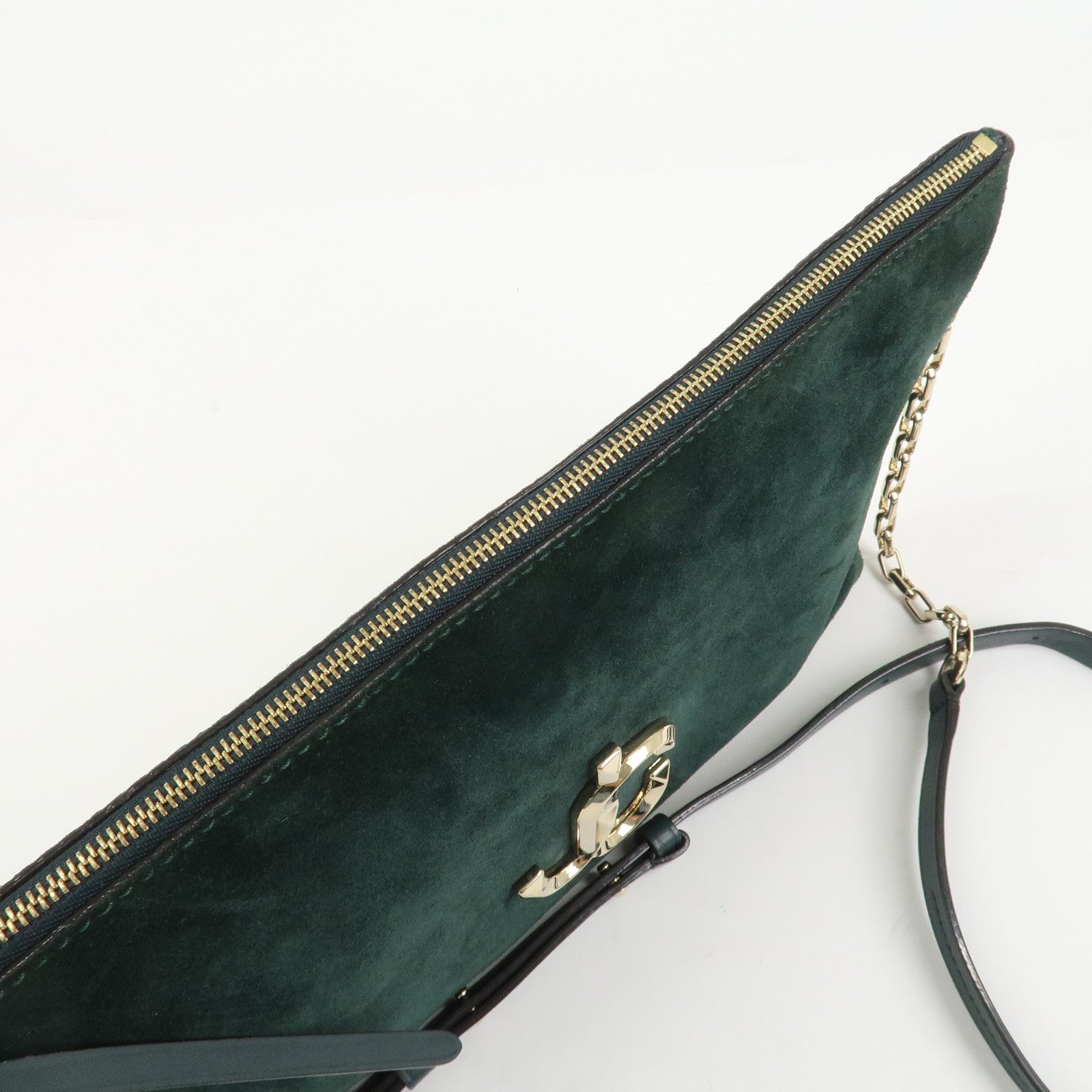 JIMMY CHOO VARENNE Suede Leather Chain Shoulder Bag Dark Green