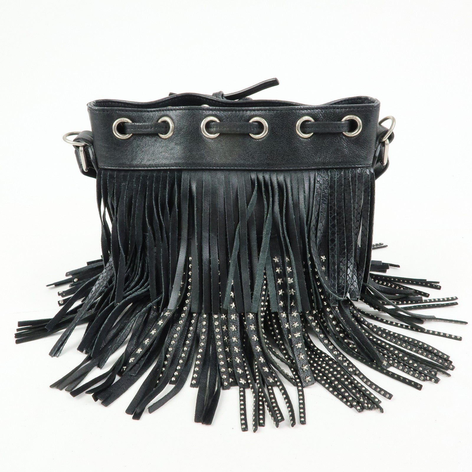 SAINT LAURENT PARIS Leather Fringe Shoulder Bag Black 357603