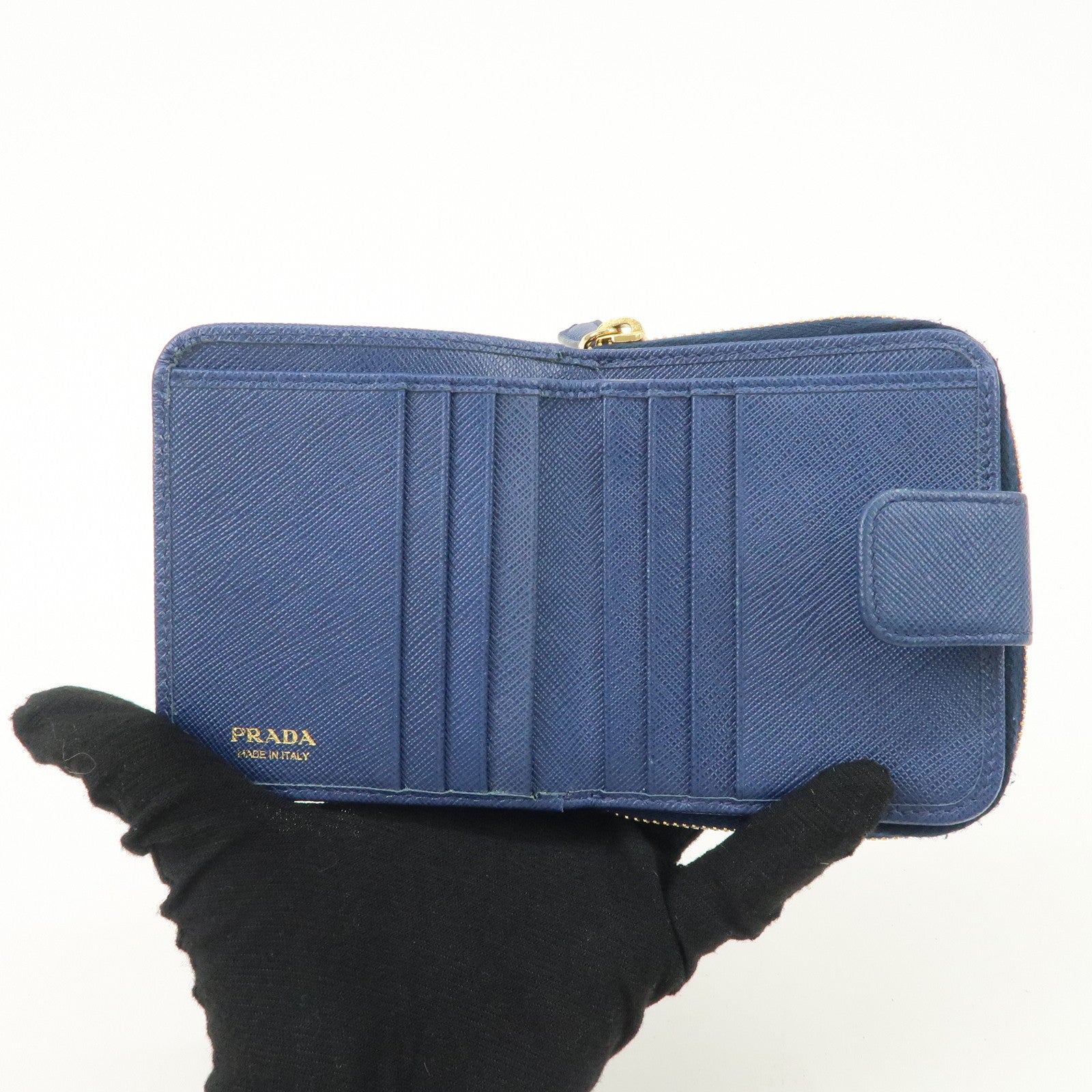 PRADA Logo Leather Round Zippy Bi-fold Wallet Blue 1ML522 Used