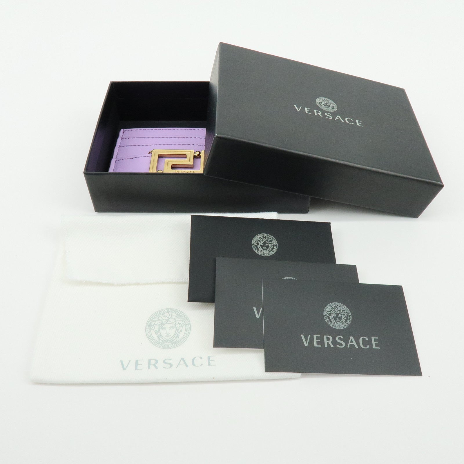 VERSACE Logo Leather Card Case Card Wallet Light Purple Gold