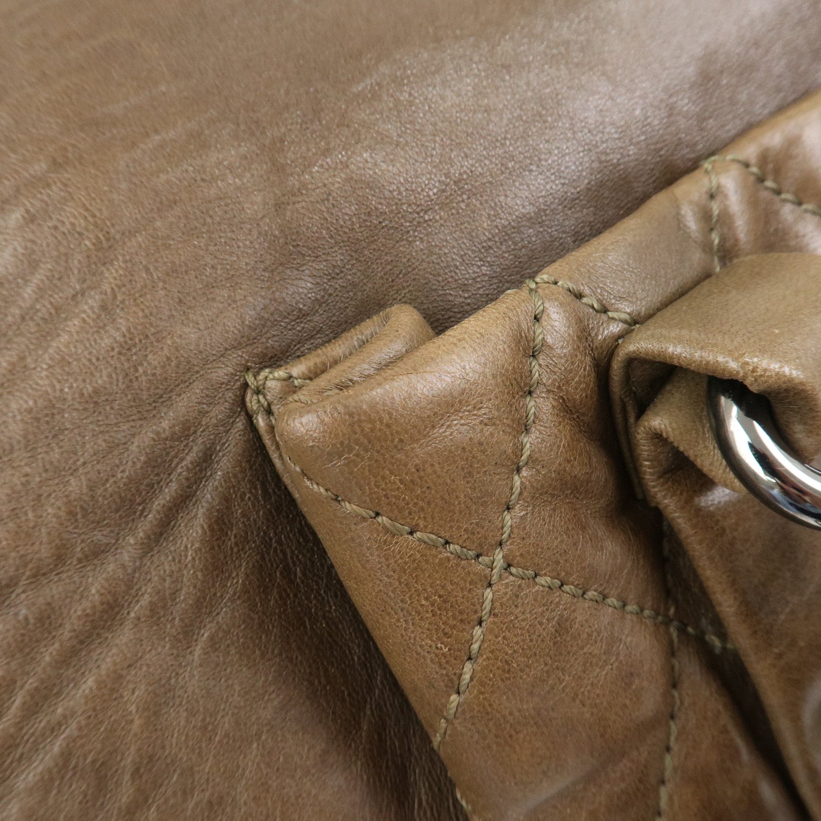CHANEL Matelasse Lamb Skin Tote Bag Hand Bag Khaki