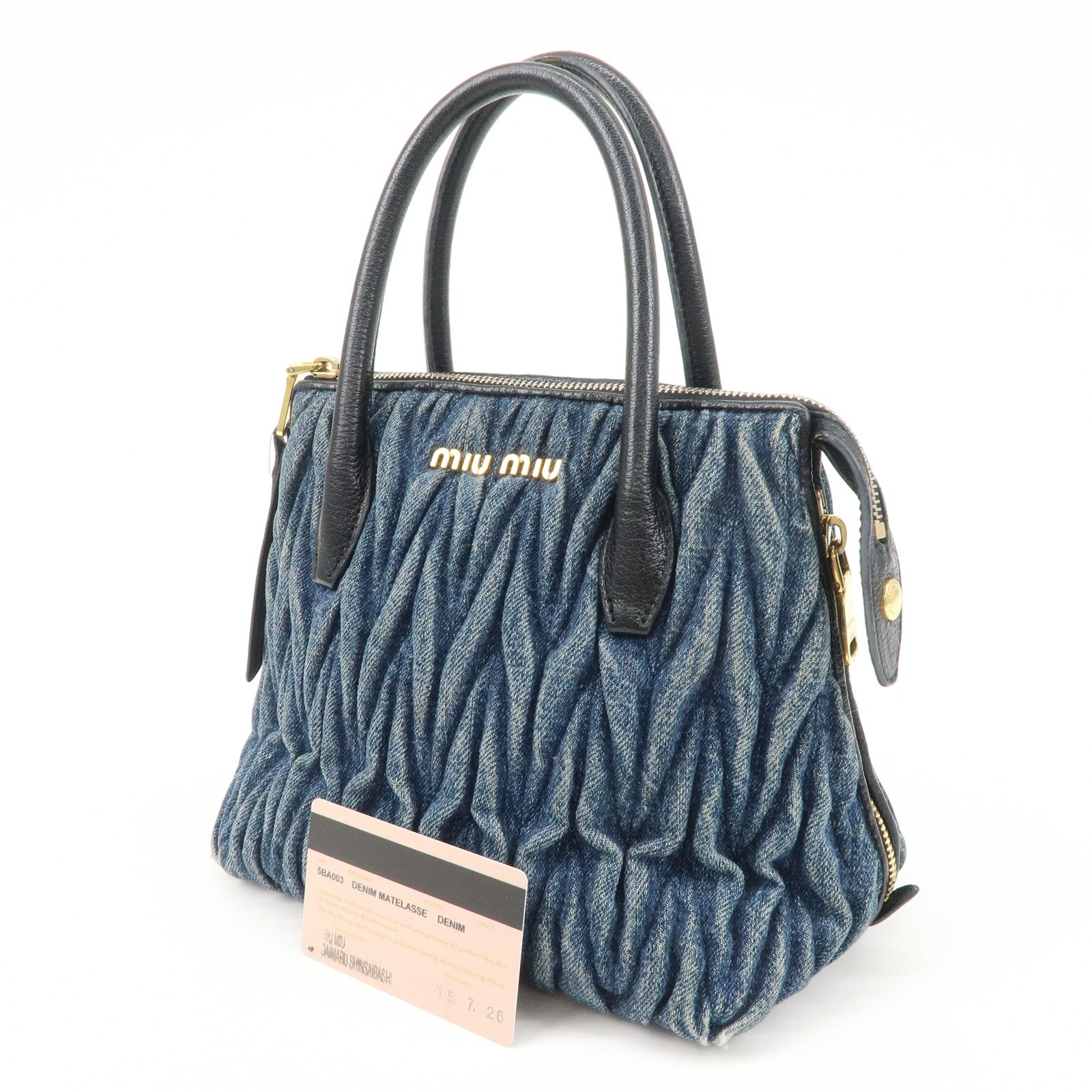 MIUMIU Matelasse Leather Denim 2Way Bag Black Indigo Blue 5BA003 Used