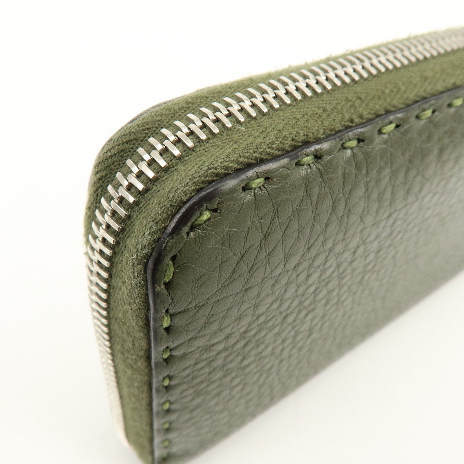 FENDI Selleria Leather Zippy Long Wallet Khaki 8M0299