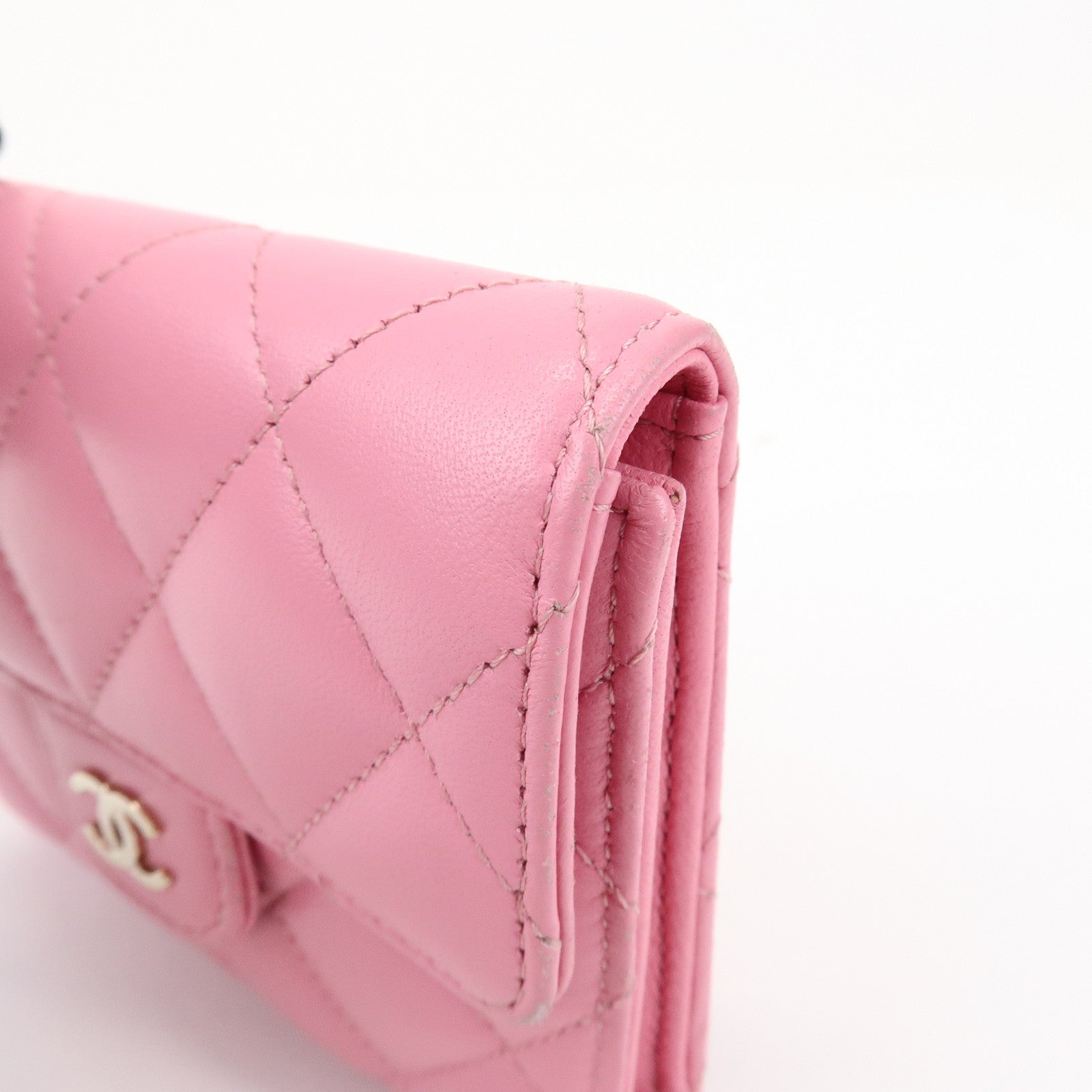 CHANEL Matelasse Lamb Skin Small Tri-Fold Wallet Pink AP0231