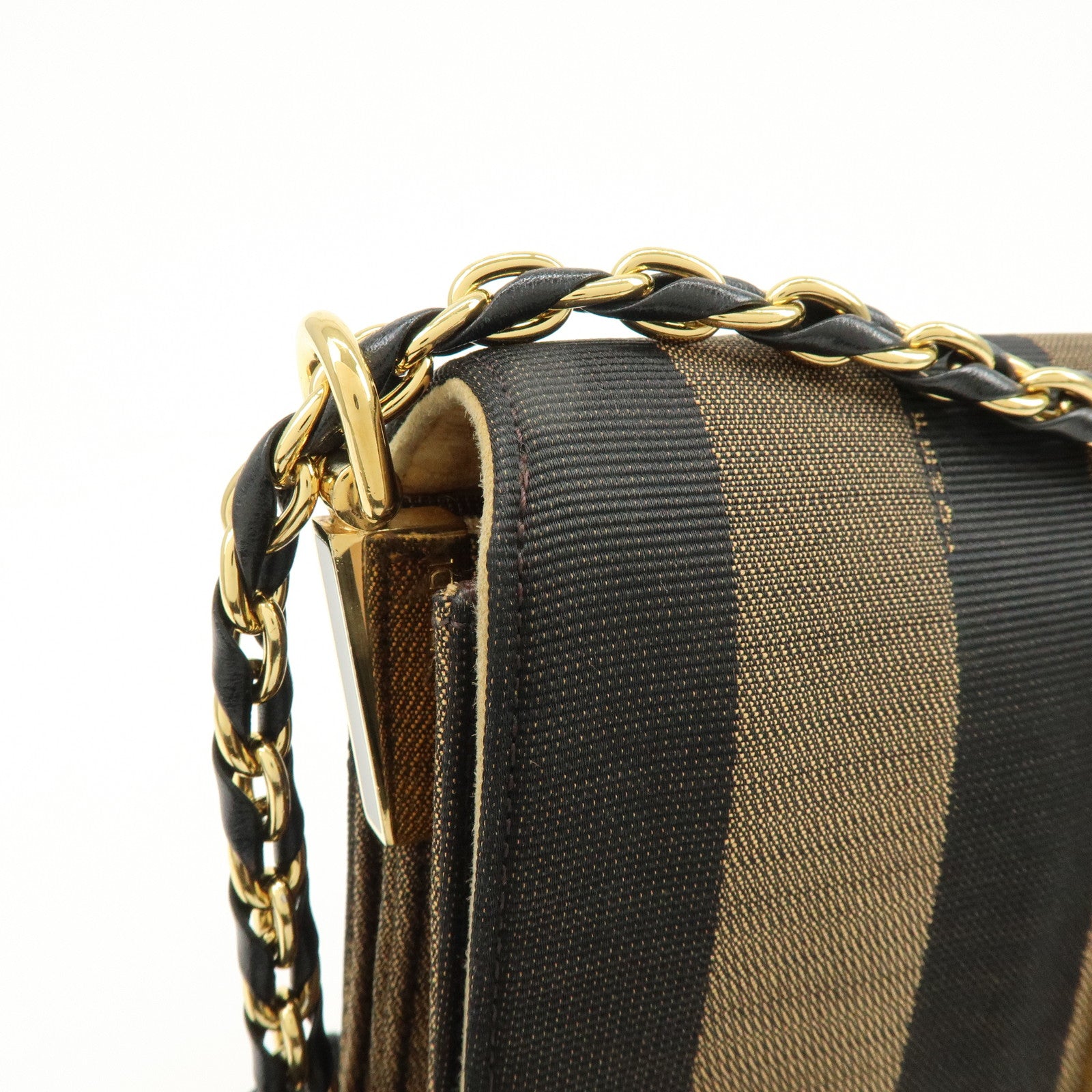 FENDI Pequin Canvas Leather Shoulder Bag Brown Black 8BT204