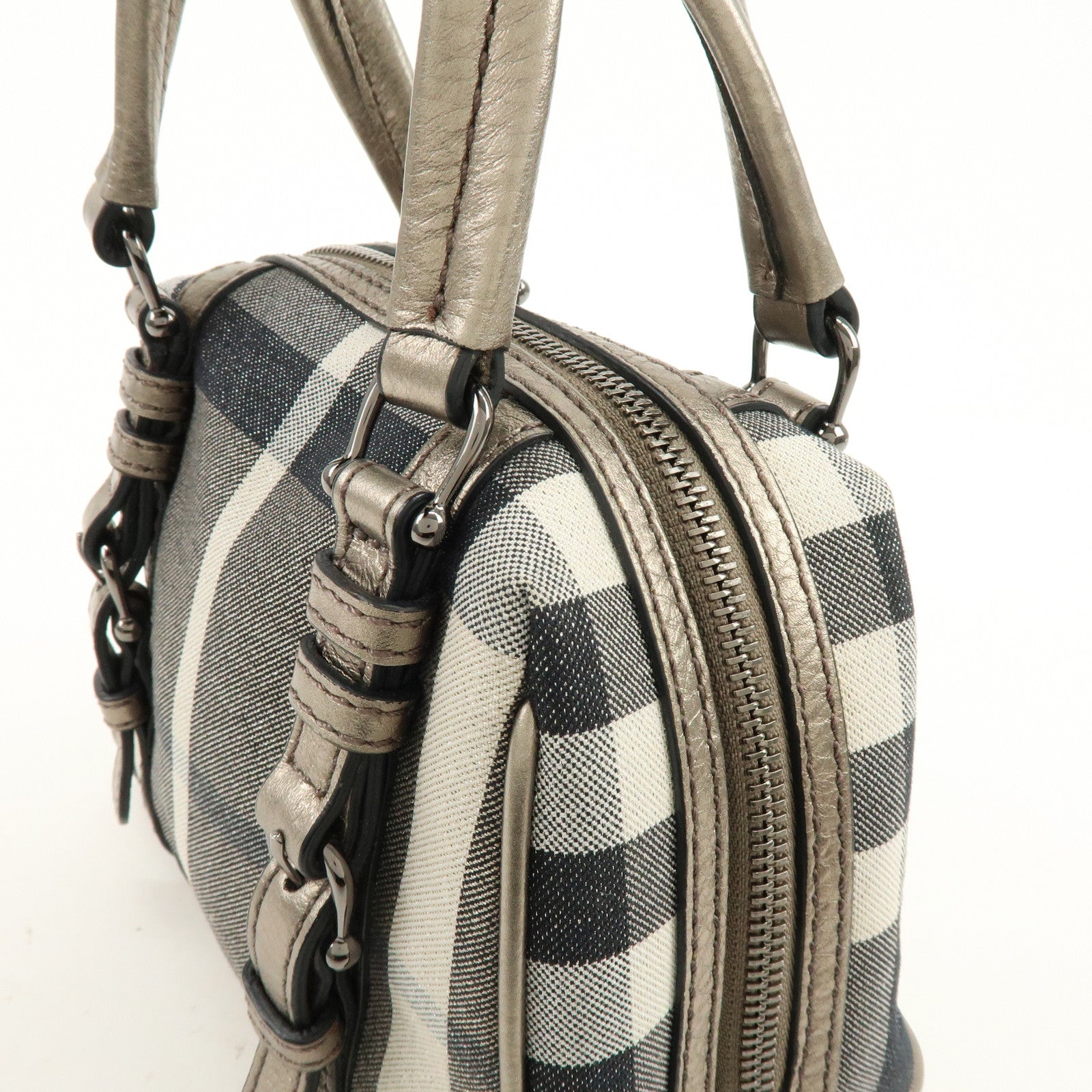 BURBERRY Plaid Canvas Leather Hand Bag Gray Champagne Gold