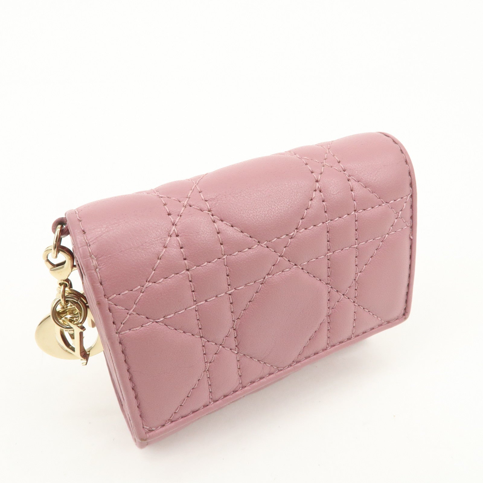 Christian Dior Cannage Leather Tri-fold Compact Wallet Pink