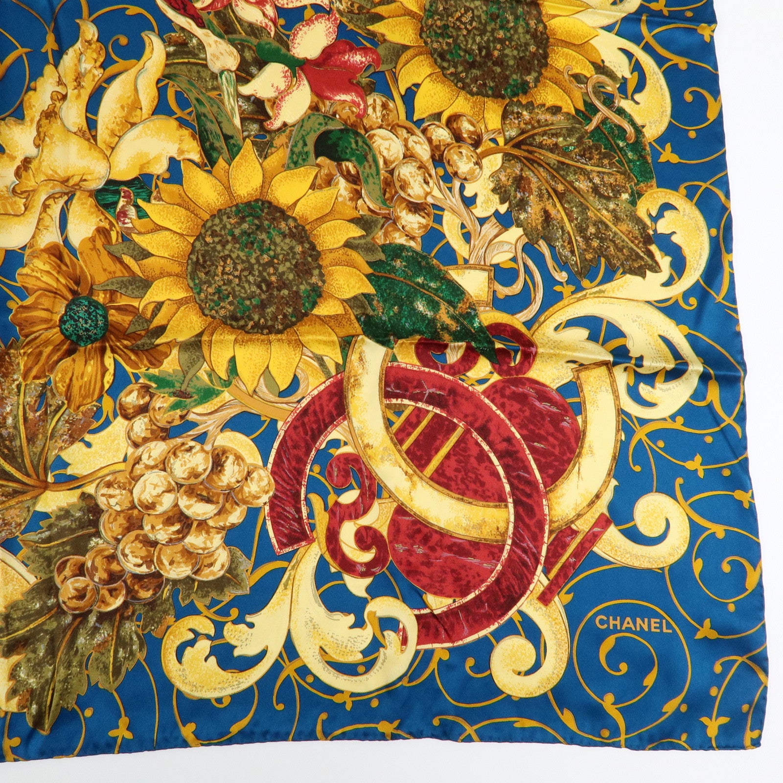 CHANEL Silk 100% Scarf Flower Print Sunflower Blue Gold