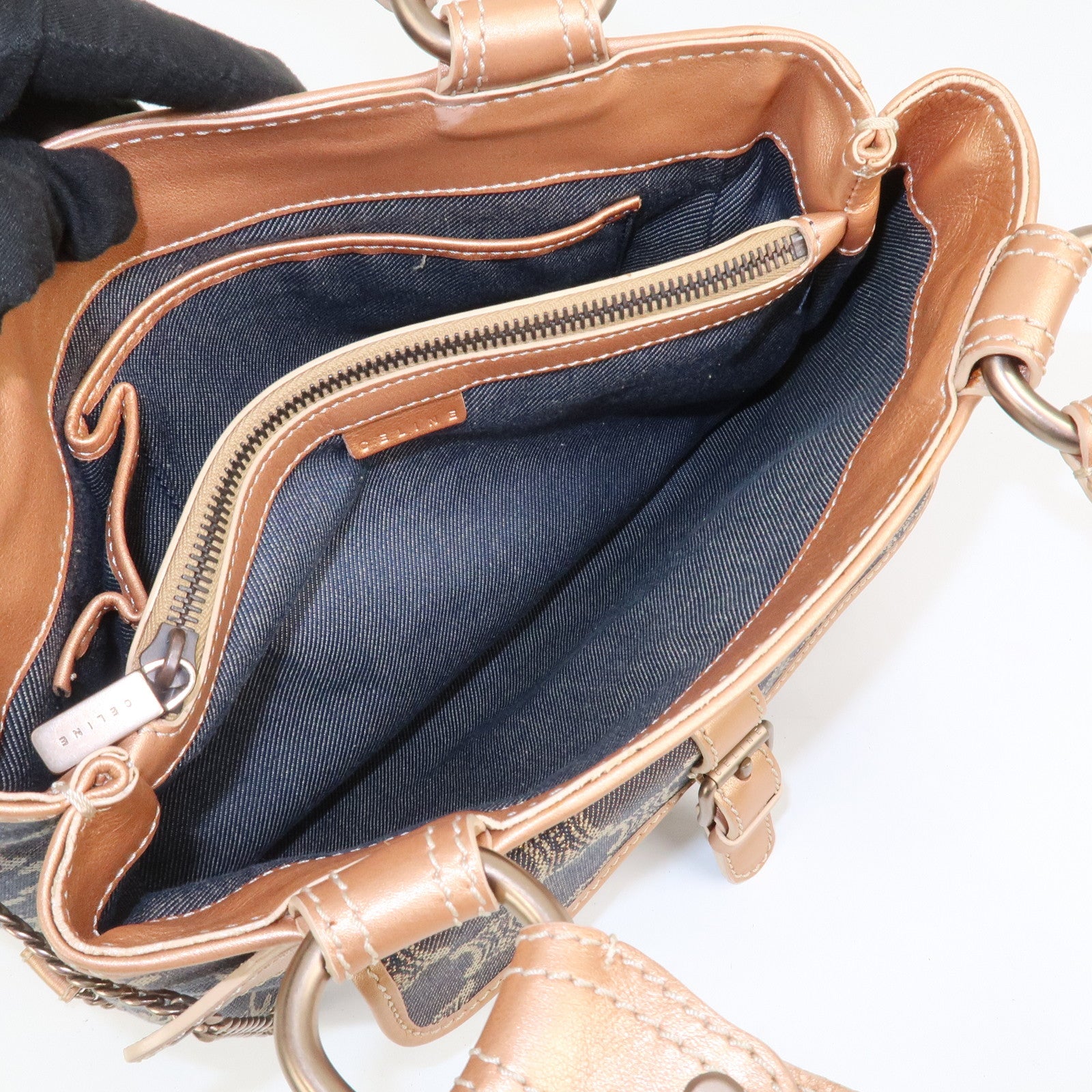 CELINE Macadam Denim Leather Glitter Hand Bag Metallic Pink Navy