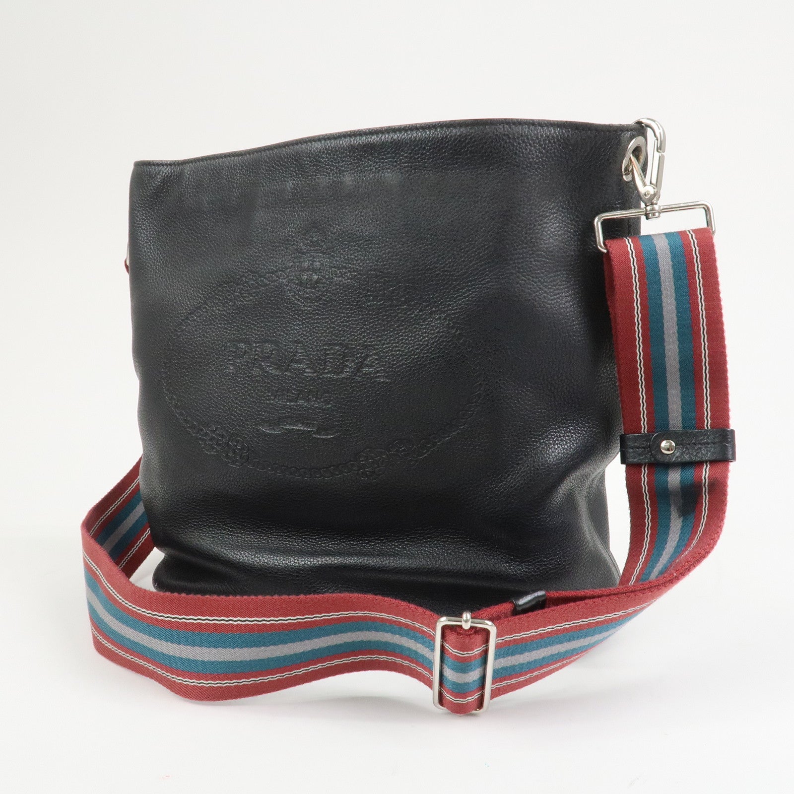 PRADA Logo Calf Leather Shoulder Bag Bucket Bag Black 1BE057