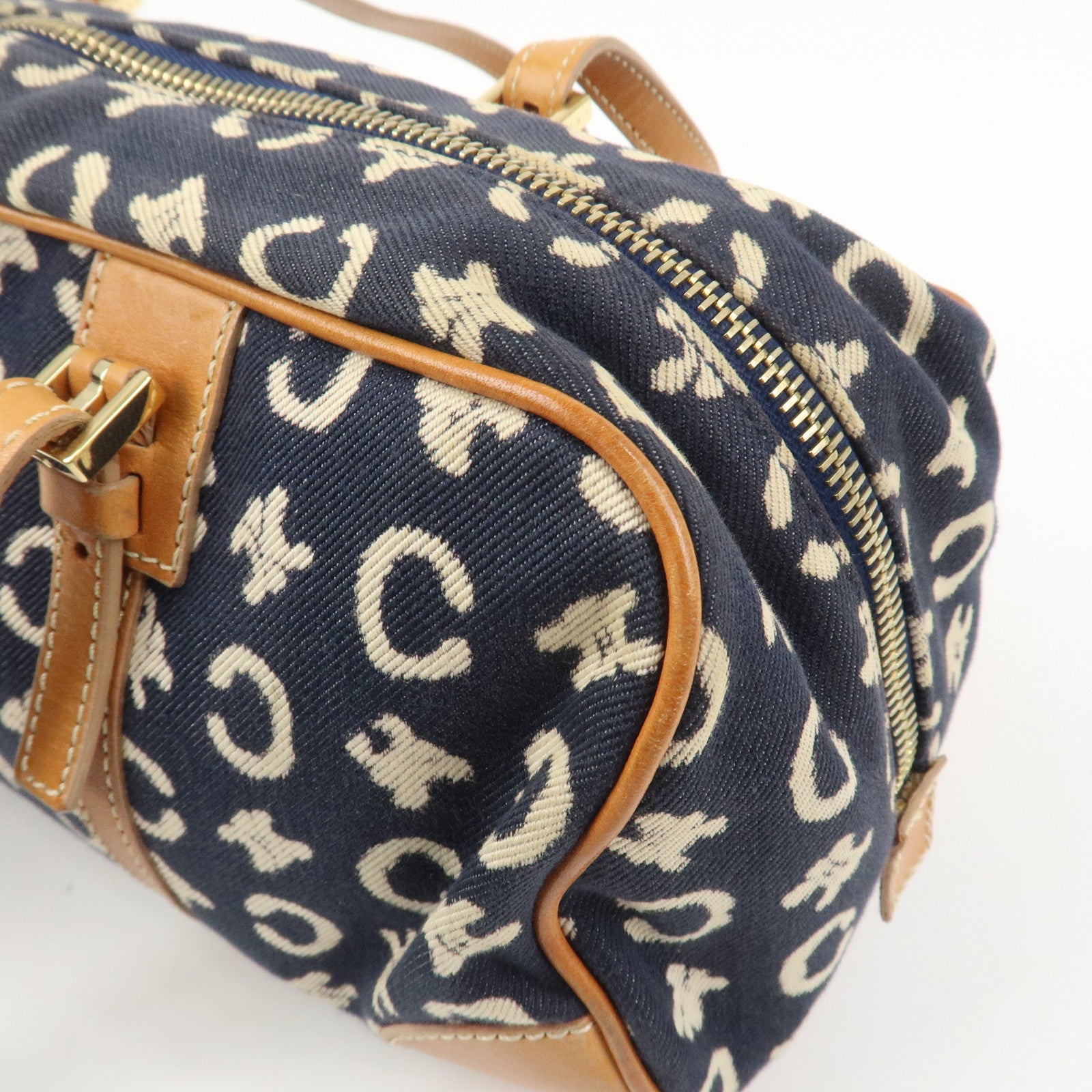 CELINE C Macadam Canvas Leather Shoulder Bag Hand Bag Navy