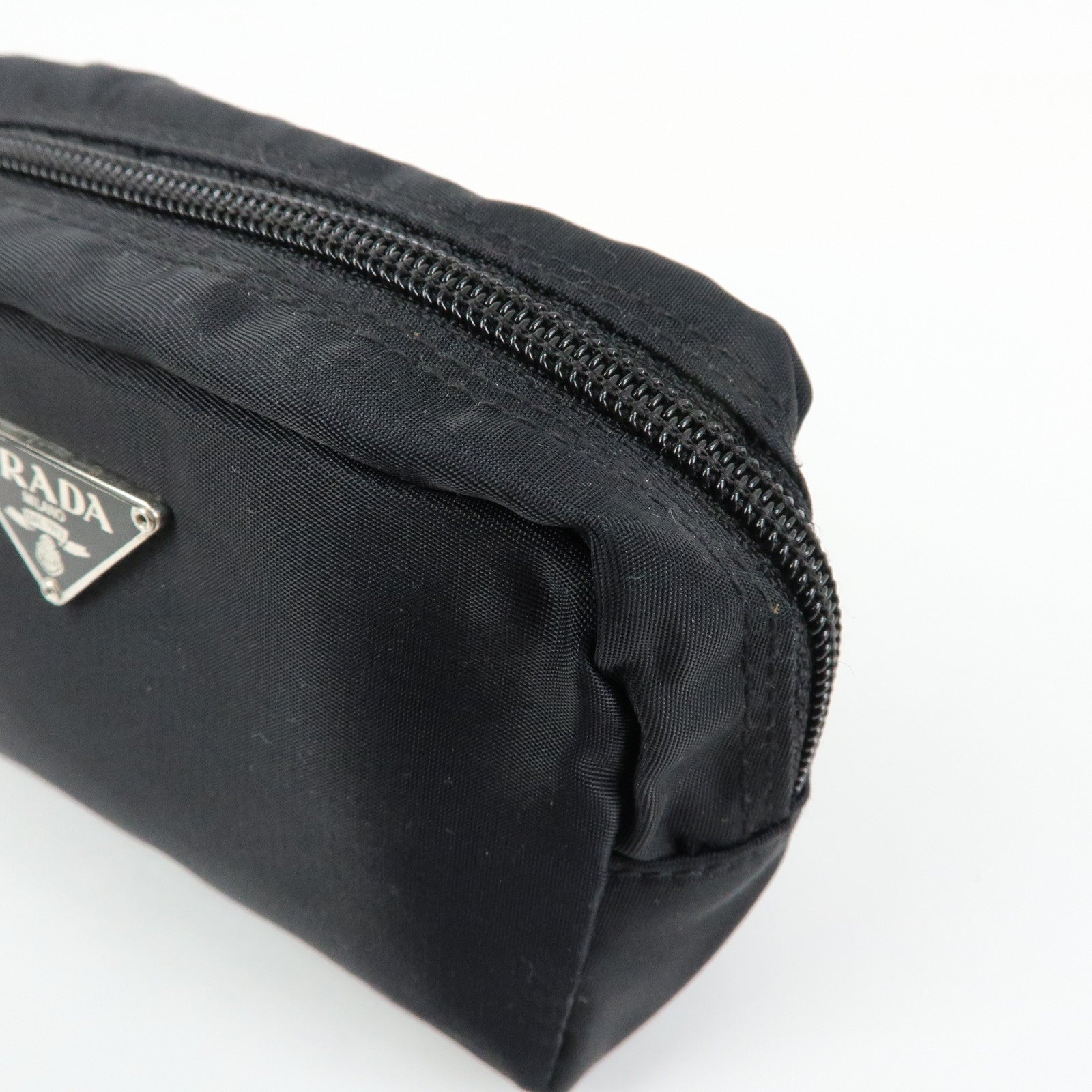 PRADA Triangle Logo Nylon Cosmetic Pouch Makeup Bag Black
