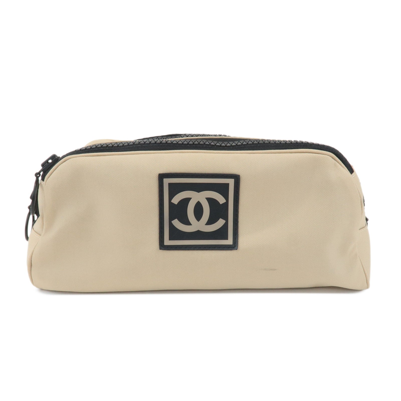 CHANEL Sports Line Nylon Leather Pouch Beige Black