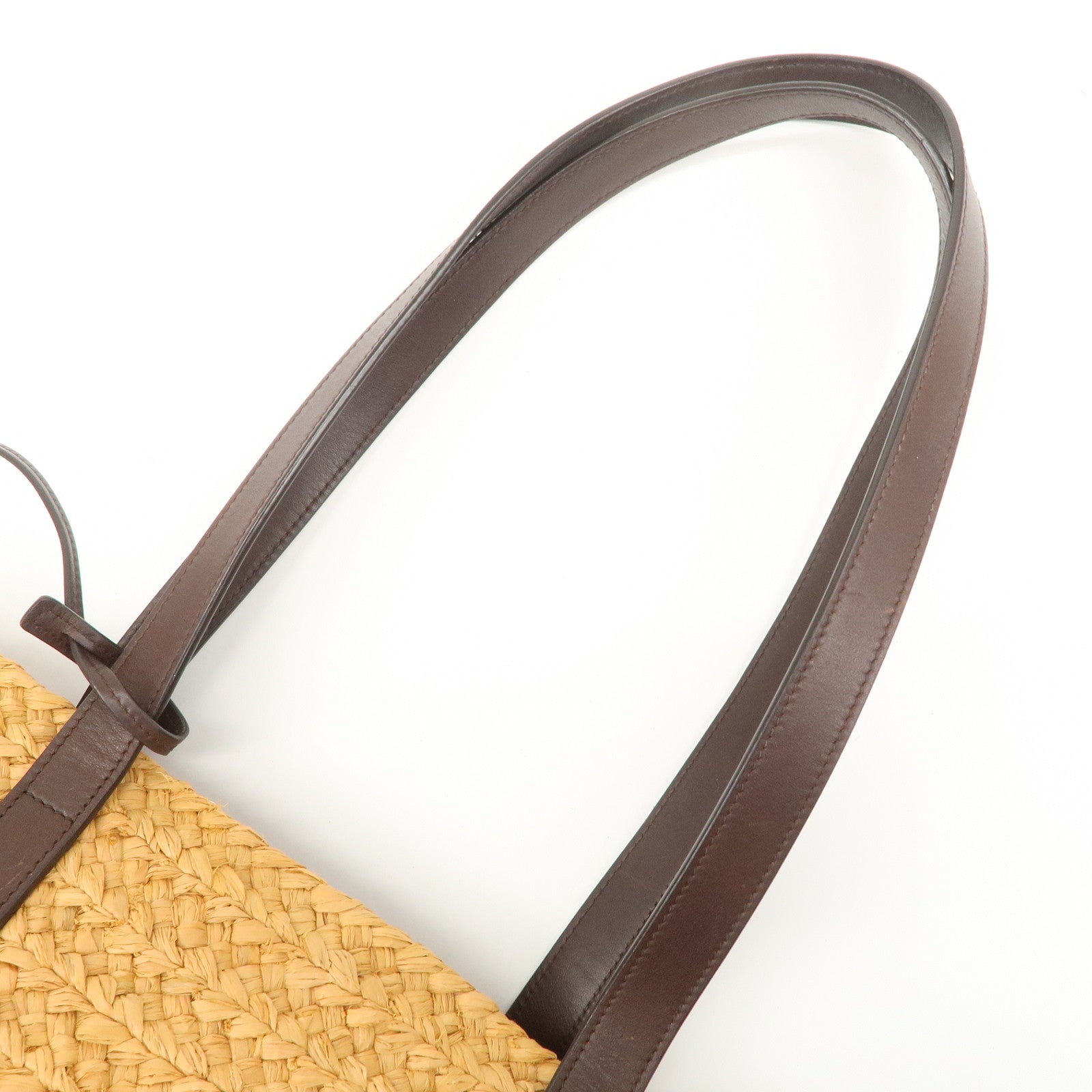 SAINT LAURENT Leather Raffia Tote Bag Shoulder Bag Beige Dark Brown Used