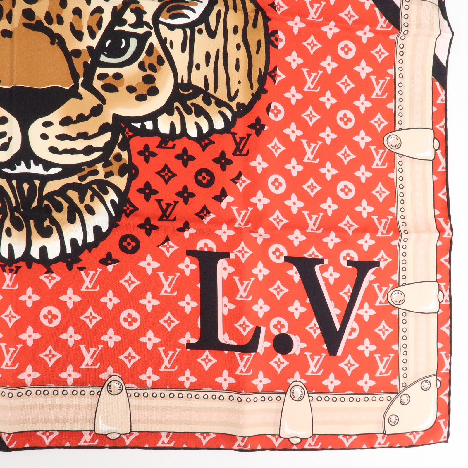 Louis Vuitton Monogram Carre Animal Silk 100% Scarf Red Beige M70693 Used