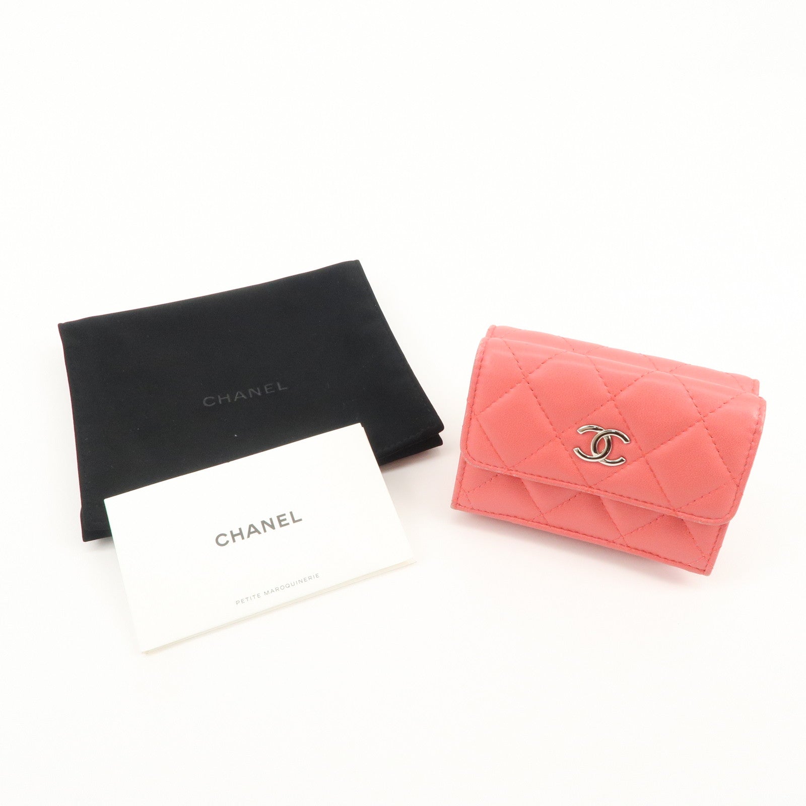 CHANEL Matelasse Lamb Skin Tri-fold Compact Wallet Coral AP0094