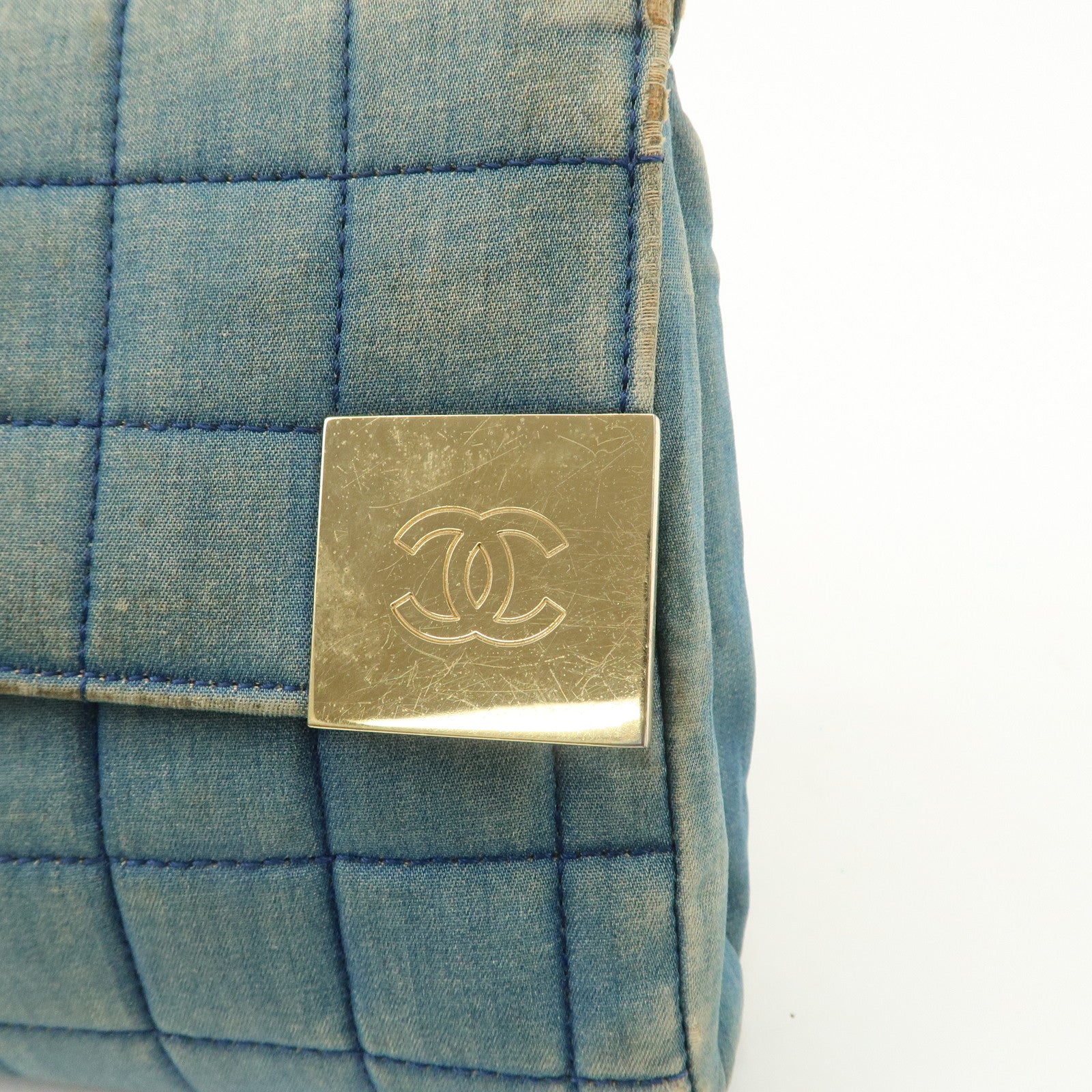 CHANEL COCO Mark Wide Stitch Chocolate Bar Chain Shoulder Bag Blue Gold Used