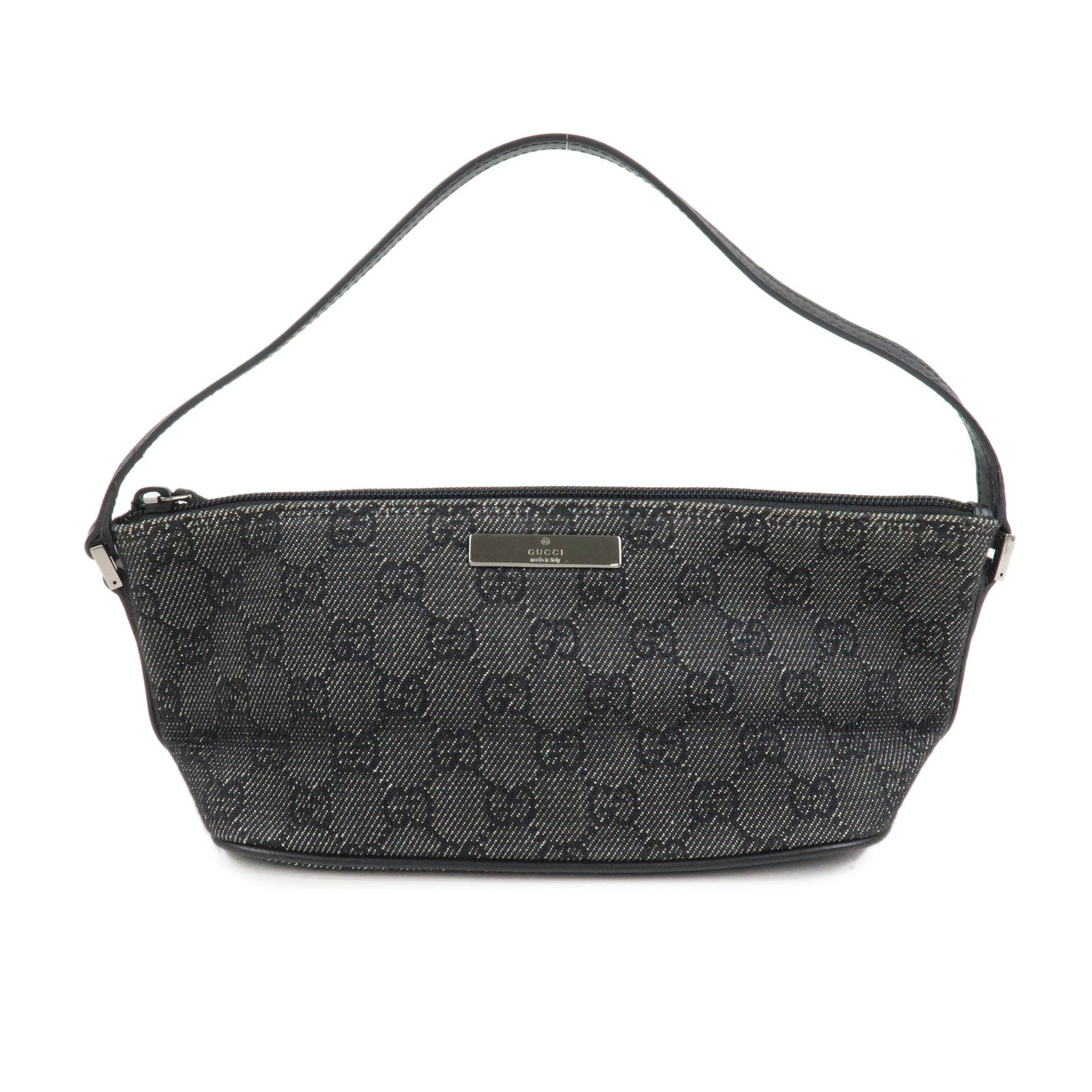 GUCCI Boat Bag Logo GG Canvas Leather Pouch Hand Bag Black 07198