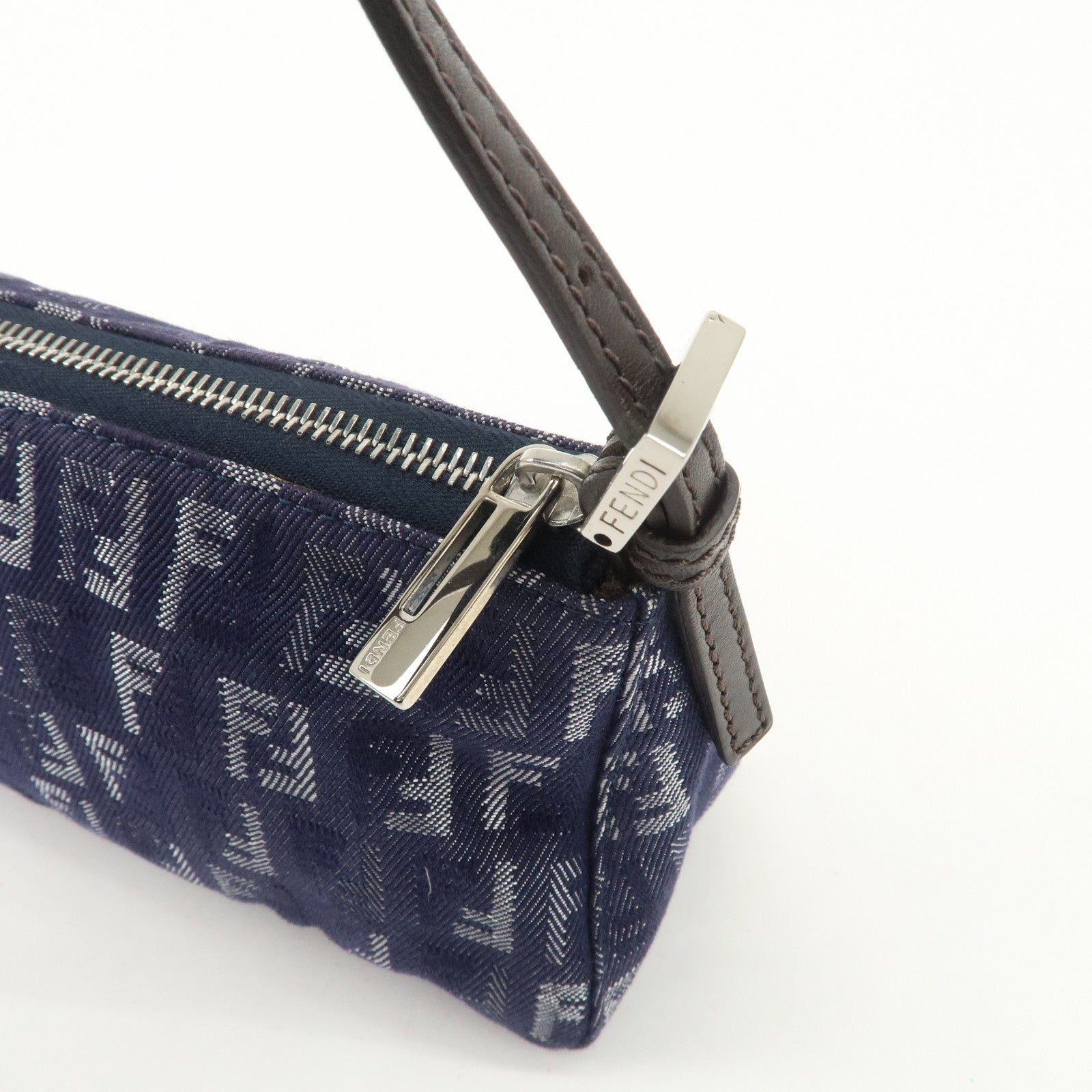 FENDI Zucchino Canvas Leather Shoulder Bag Pouch Navy 8BR249 Used