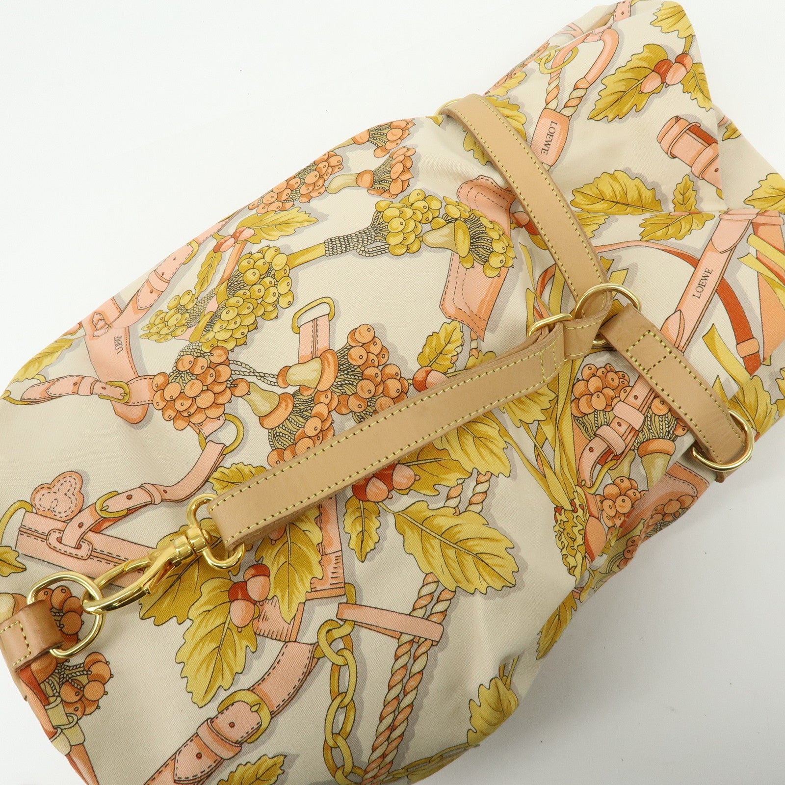 LOEWE Scarf Design Canvas Leather Shoulder Bag Beige Pink