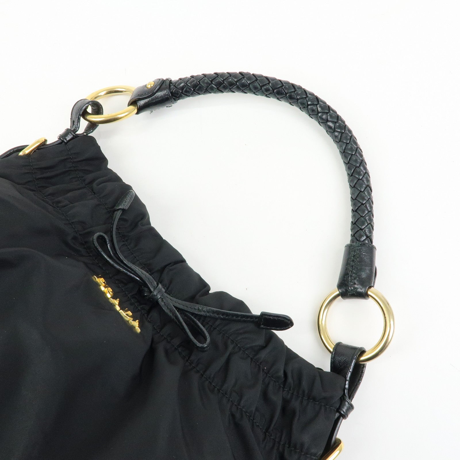 PRADA Ribbon Nylon Leather Shoulder Bag Hand Bag Black BR4237
