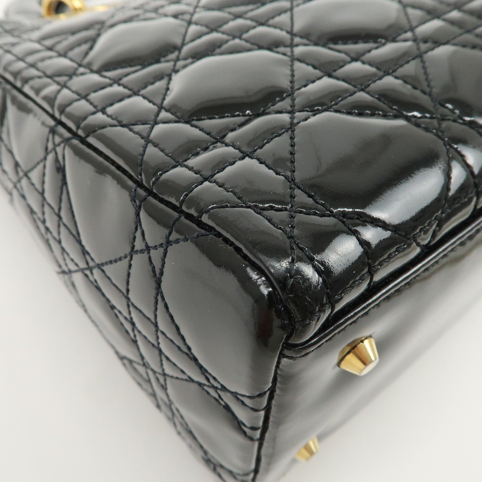 Christian Dior Lady Dior Cannage Patent Leather 2Way Hand Bag Black