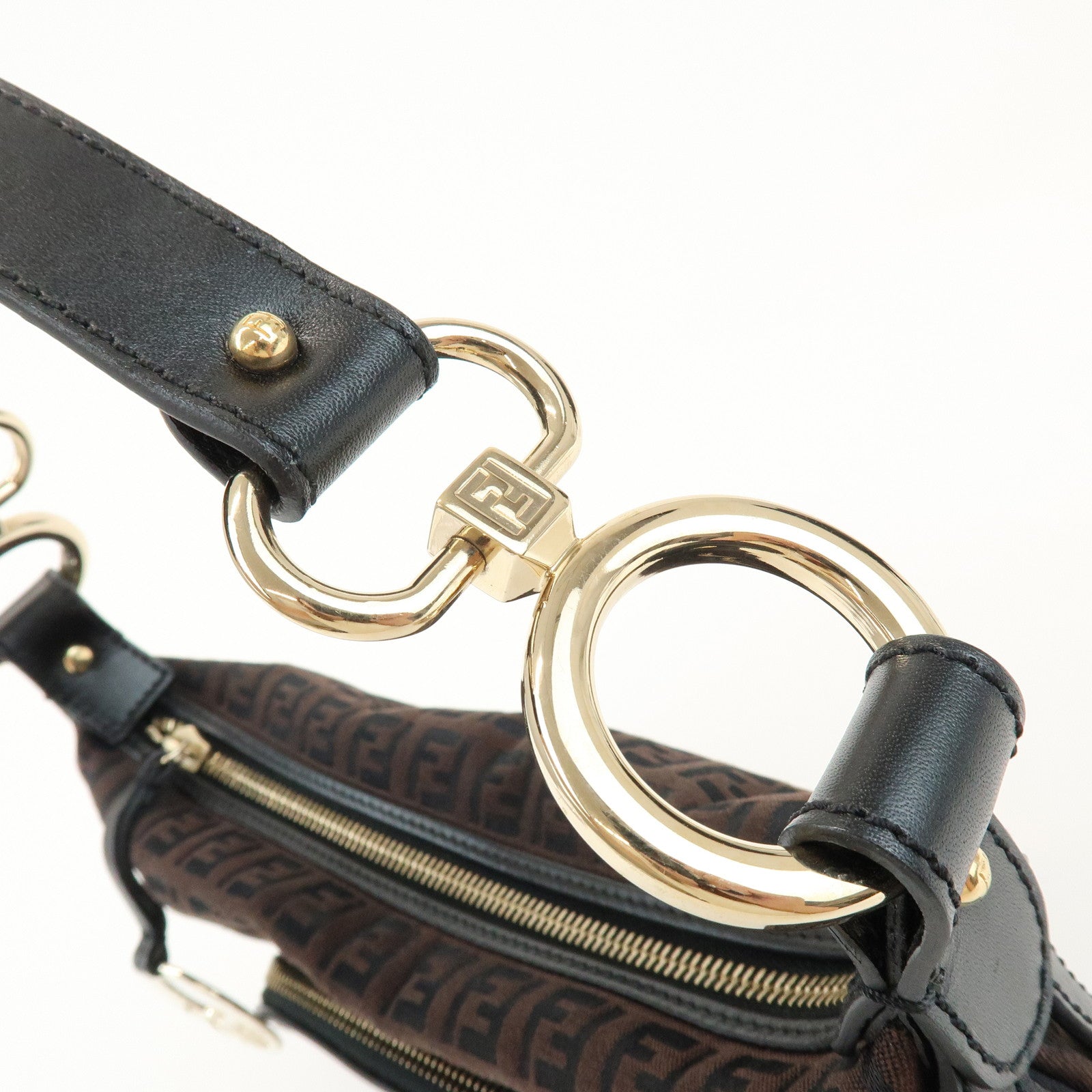 FENDI Zucchino Logo Canvas Leather Black Shoulder Bag Brown 8BR464