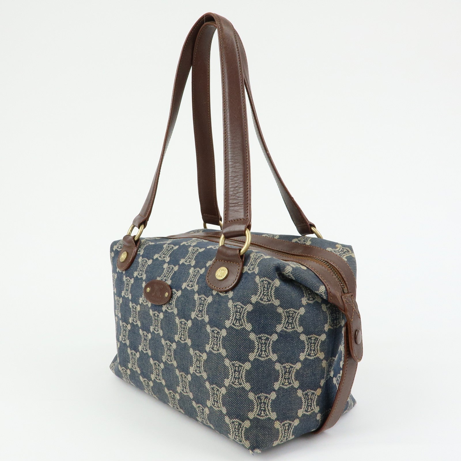 CELINE Macadam Denim Leather Shoulder Bag Hand Bag Blue Brown