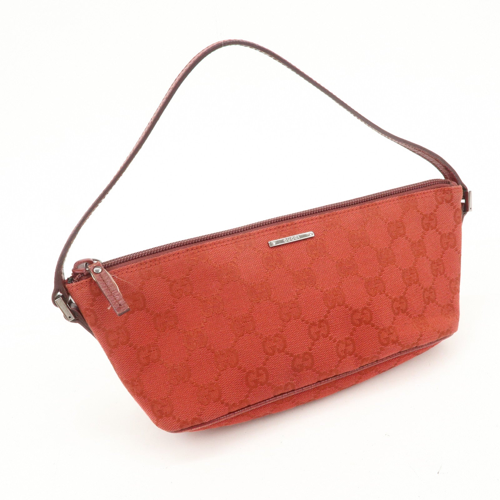 GUCCI Boat Bag GG Canvas Leather Accessory Poach Hand Bag Red 07198