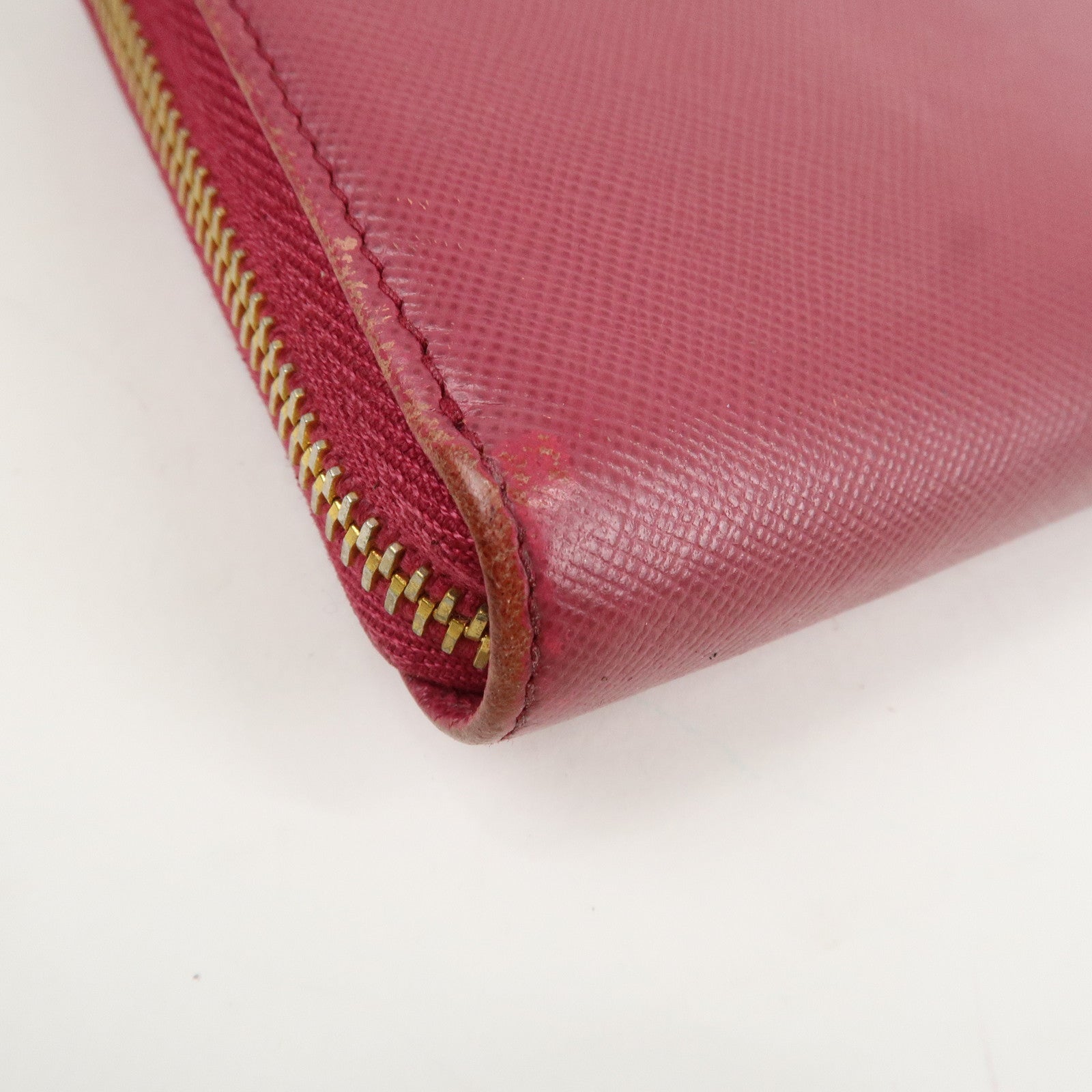 PRADA Logo Saffiano Leather Round Zippy Long Wallet Pink 1M0506 Used