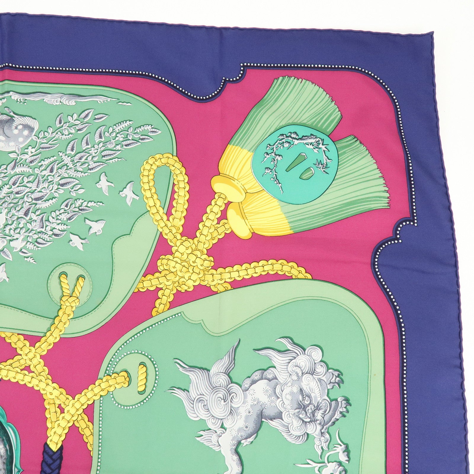 HERMES Carre 90 Silk 100% Scarf TSUBAS Guard Print Purple Green