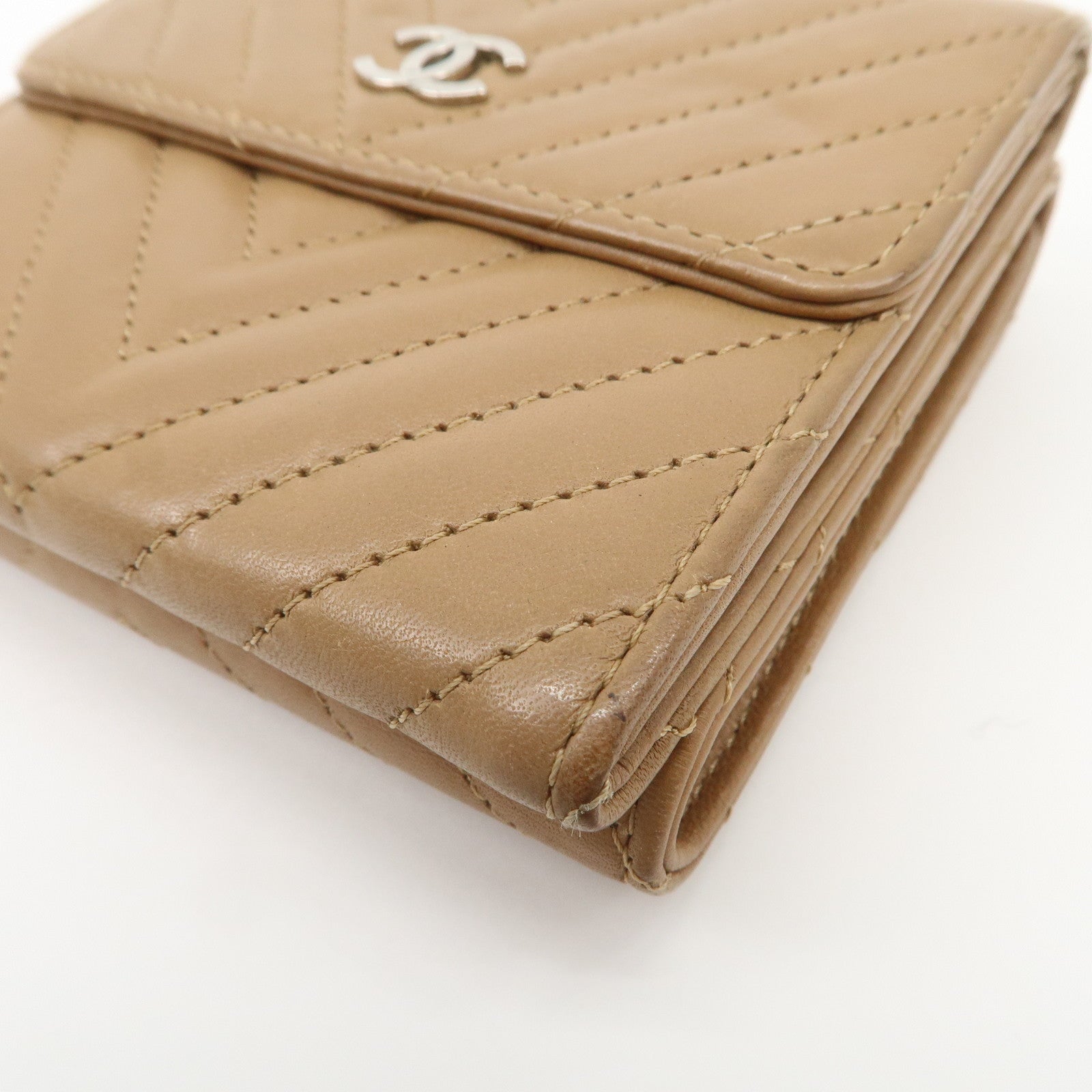 CHANEL Matelasse V Stitch Leather Tri-Fold Wallet Brown A34281