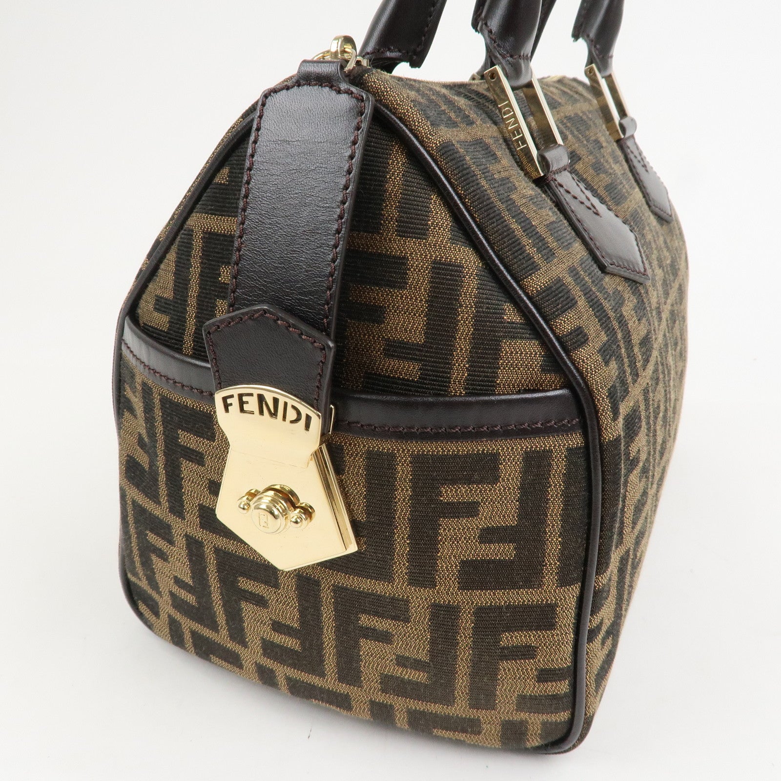 FENDI Zucca Canvas Leather Mini Boston Bag Black Brown 8BL104