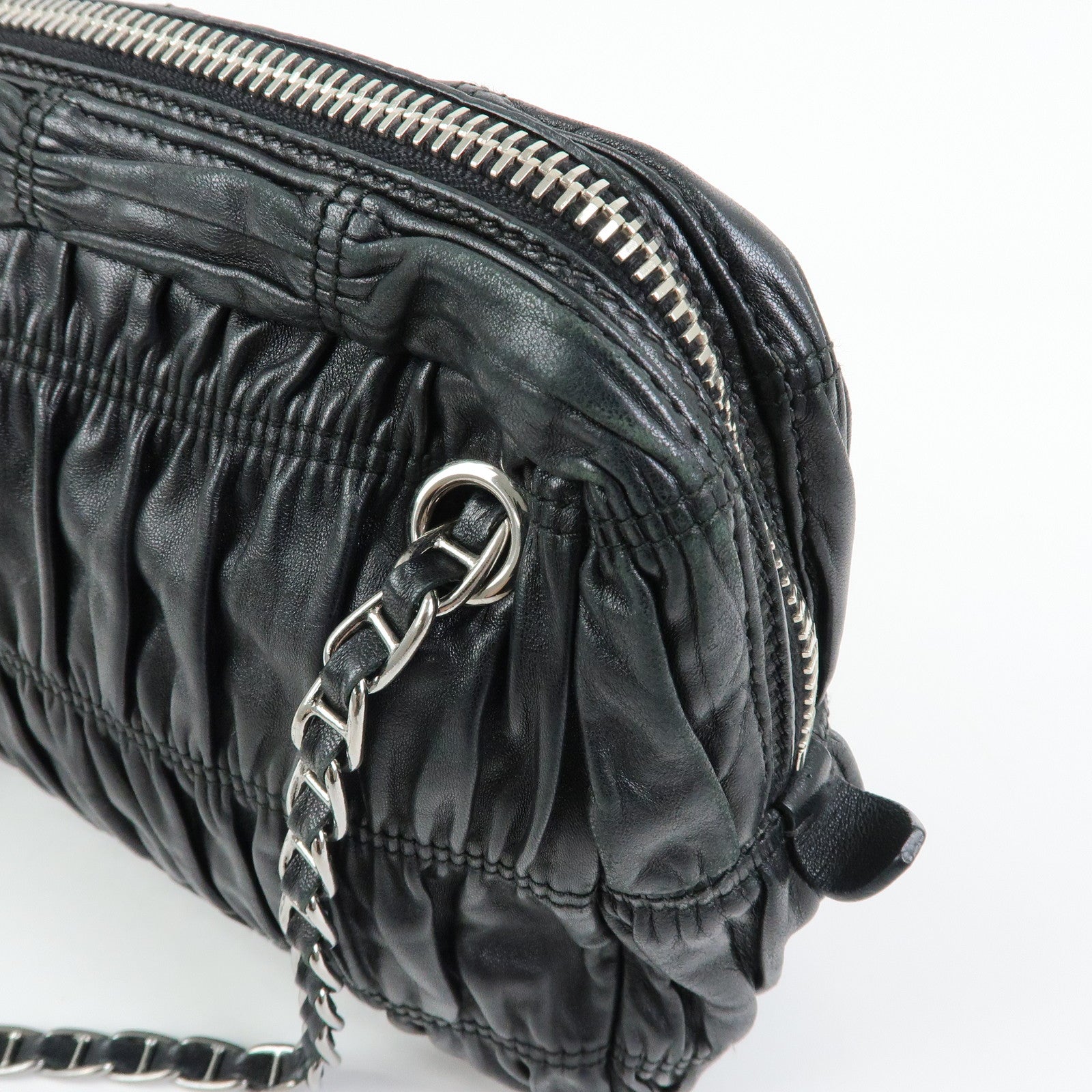 PRADA Logo Nappa Leather Gathered Chain Shoulder Bag Black