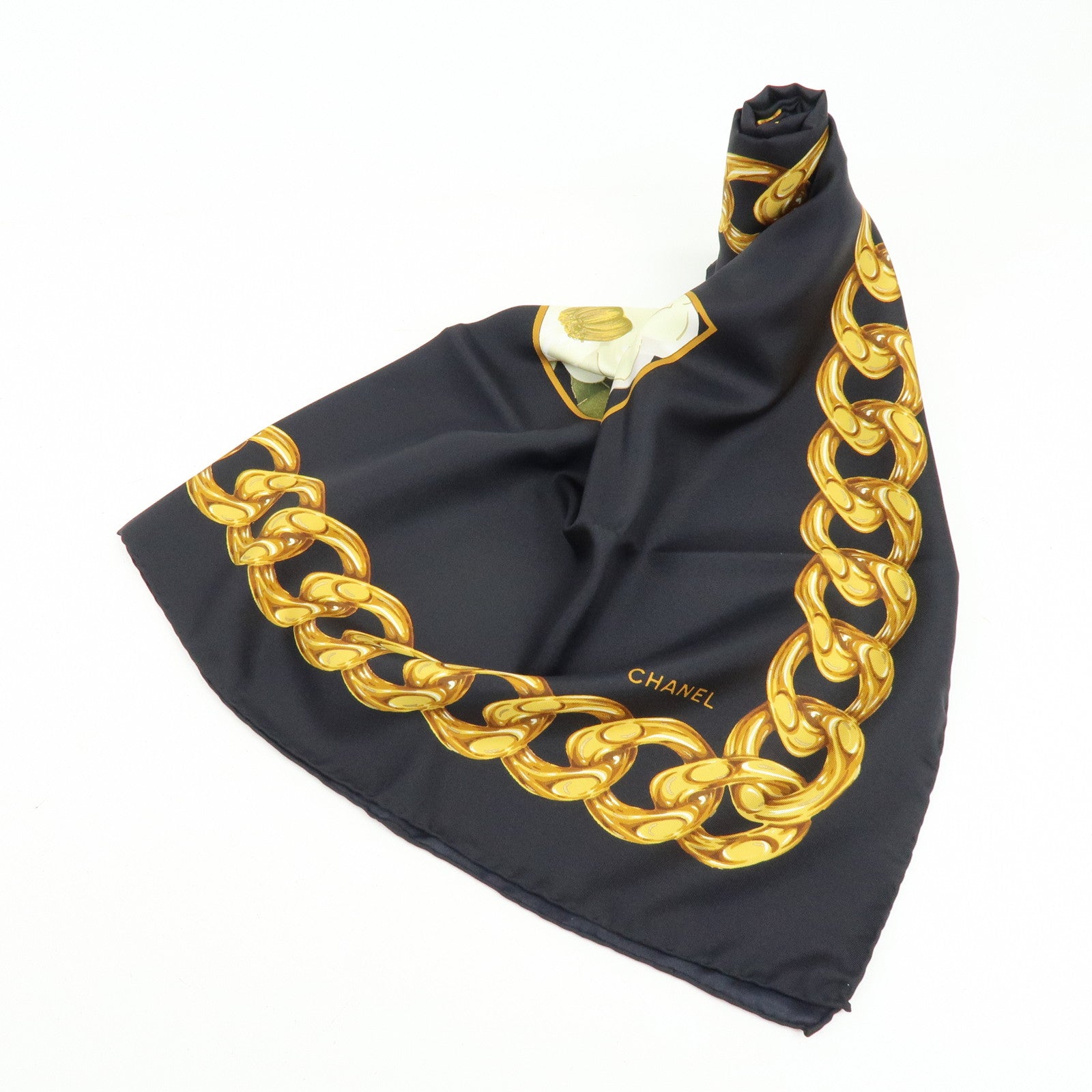 CHANEL COCO Mark Silk 100% Scarf Camellia Black Gold