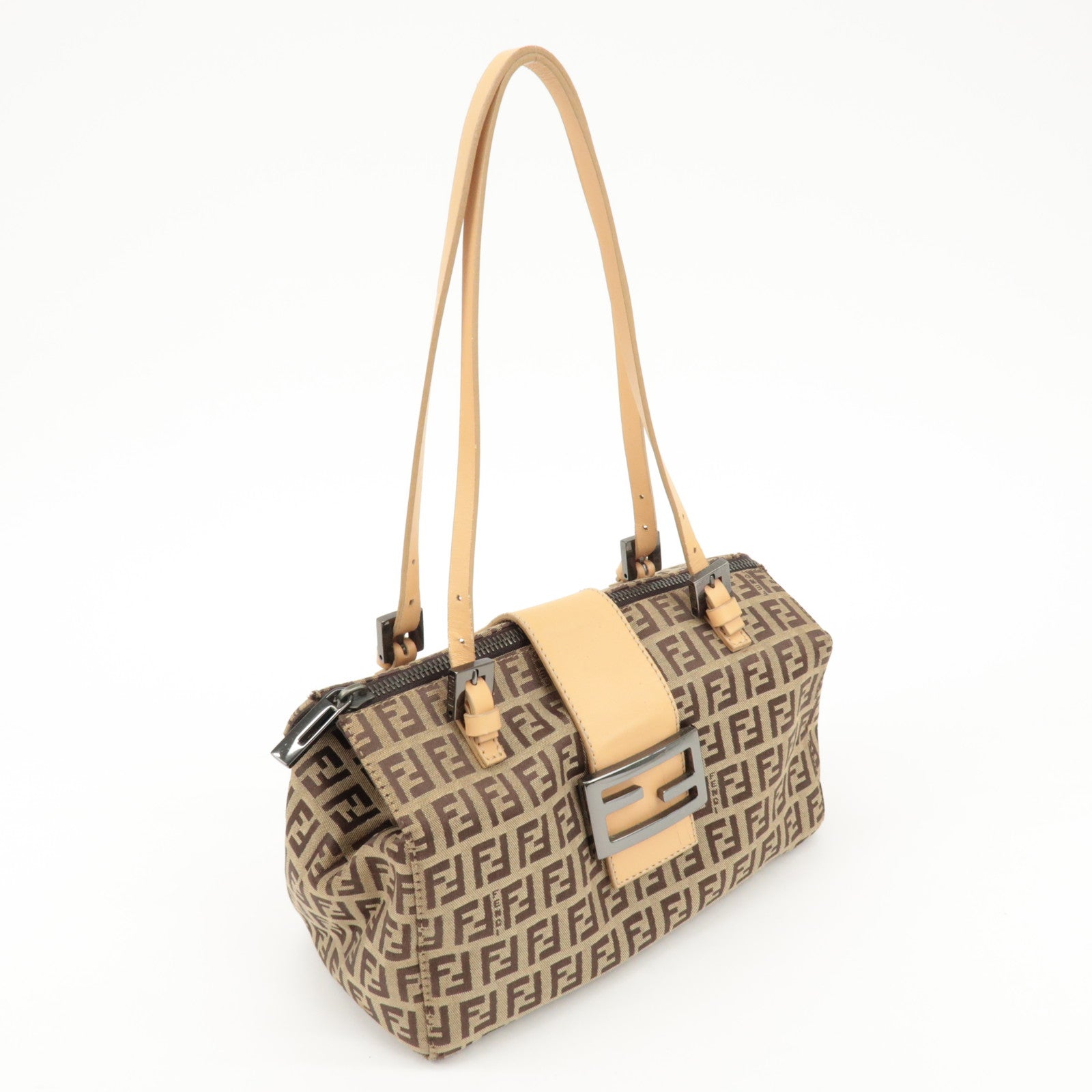 FENDI Zucchino Canvas Leather Shoulder Bag Hand Bag Brown 8BL000 Used